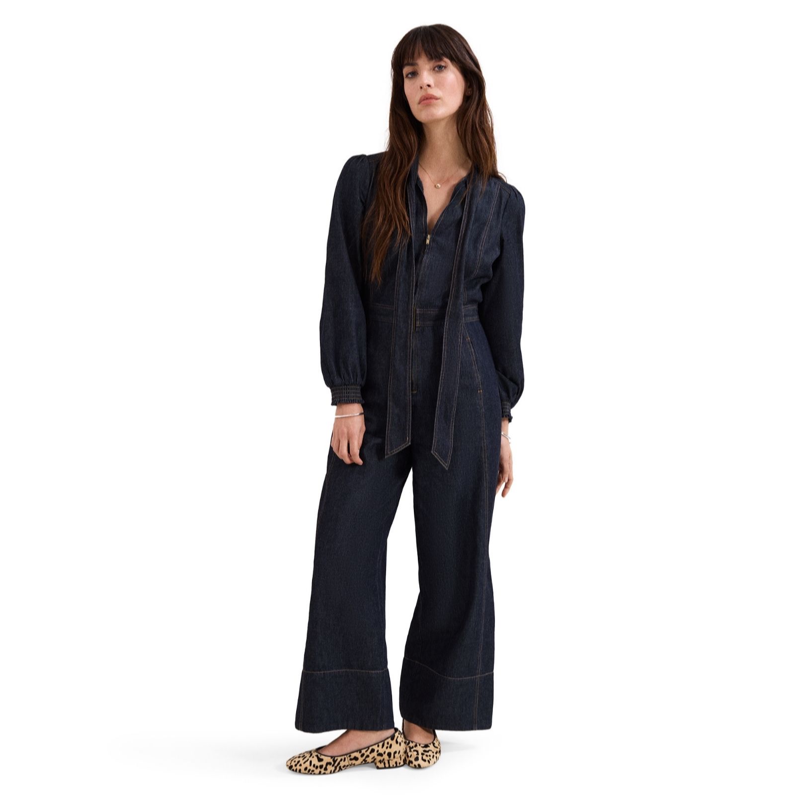 Phase Eight Patricia Cotton Pussy Bow Denim Jumpsuit