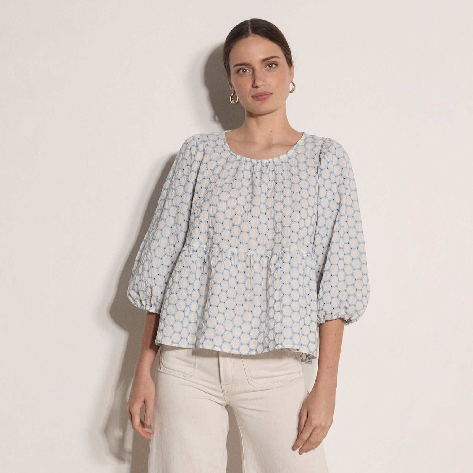Apricot Circle Embroidered Peplum Top