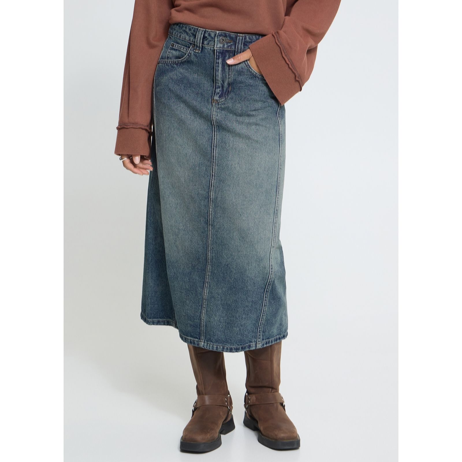 ICHI Naolia Denim Midi Skirt