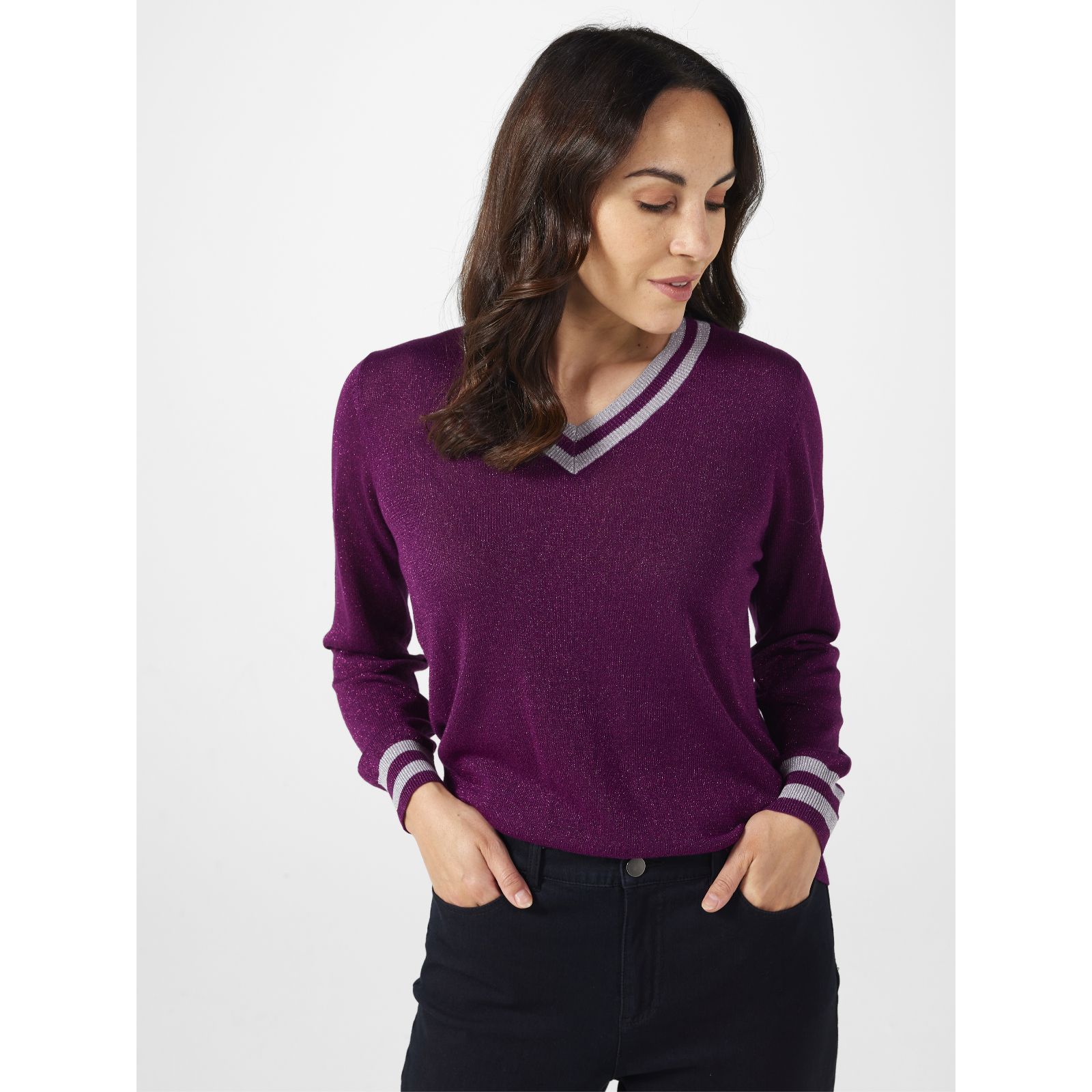 Ruth Langsford V neck sparkle trim cricket jumper