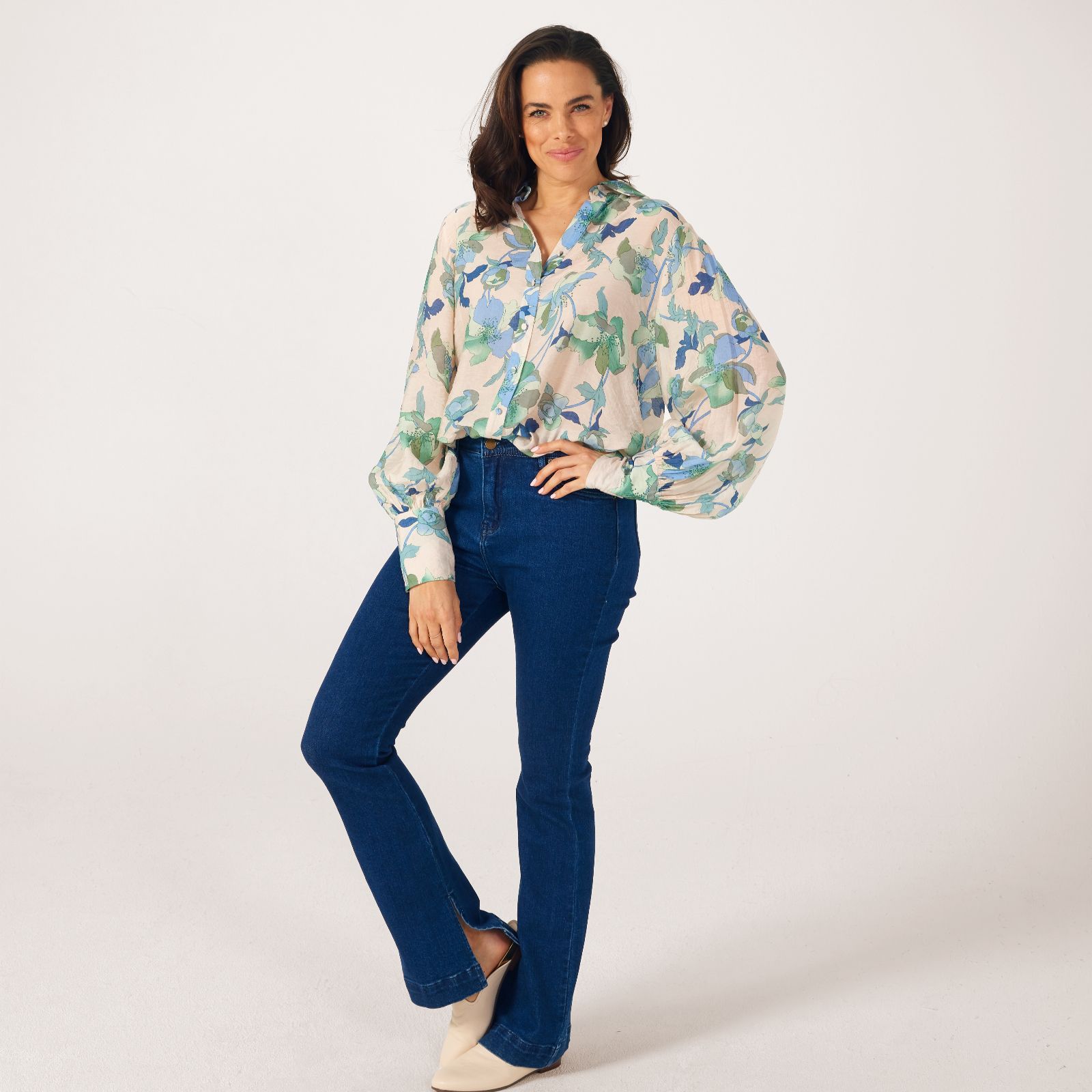 Izabel London Printed Sheer Shirt with Balloon Sleeves - QVC UK