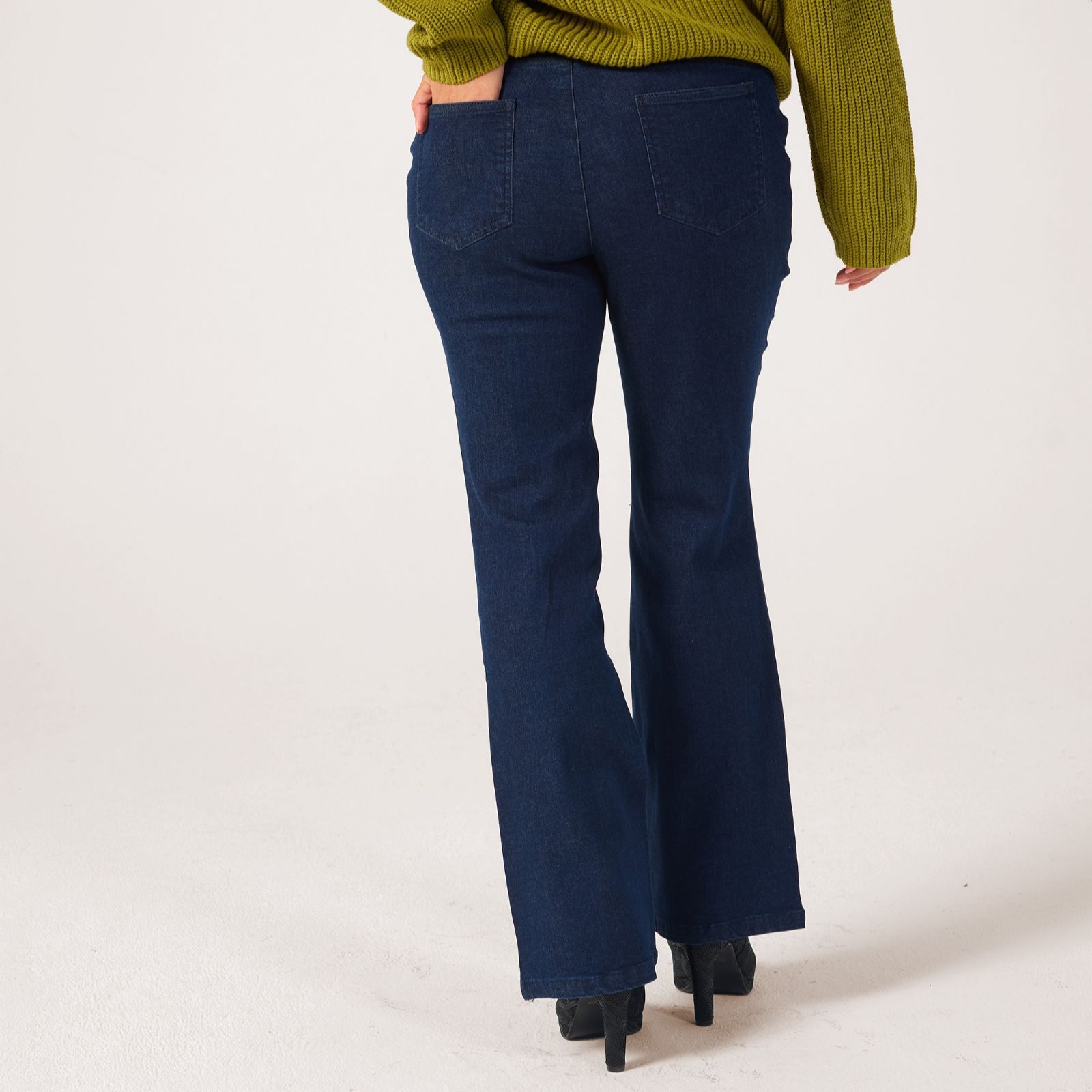 Nina Leonard Standard Flared Denim Trousers Denim Pull On & Pockets - QVC UK