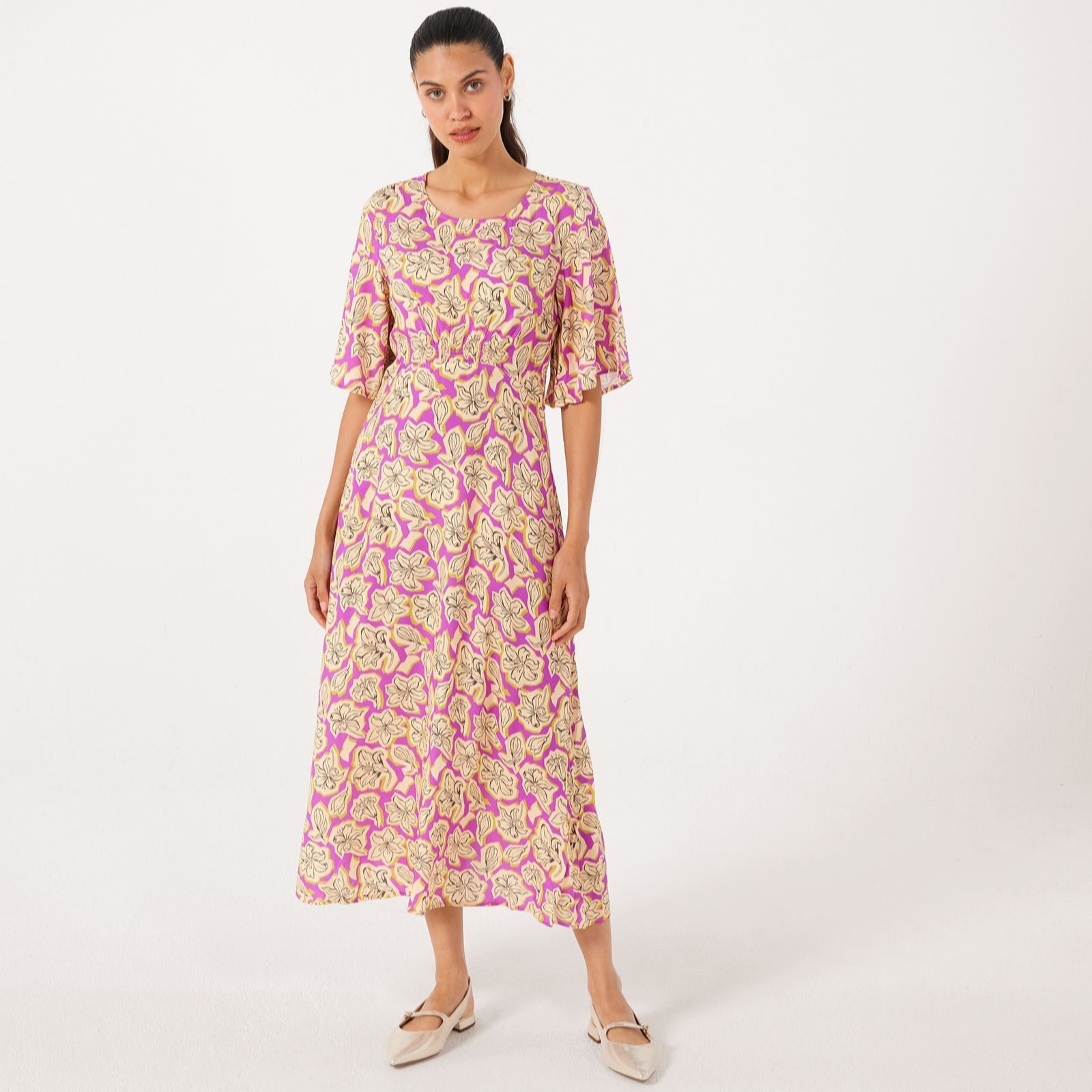 Izabel London Printed Flutter Sleeve Midi Dress