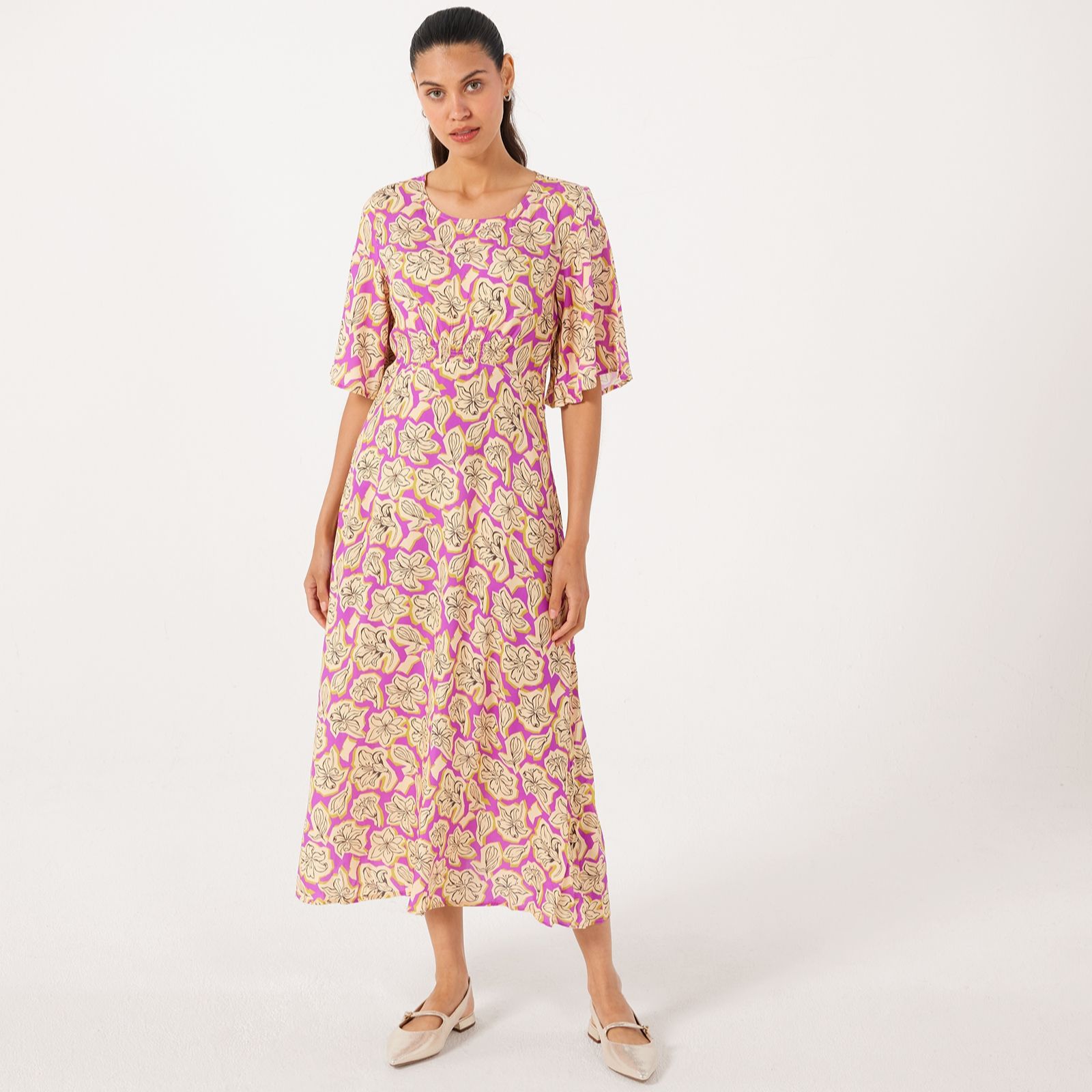 Izabel London Printed Flutter Sleeve Midi Dress