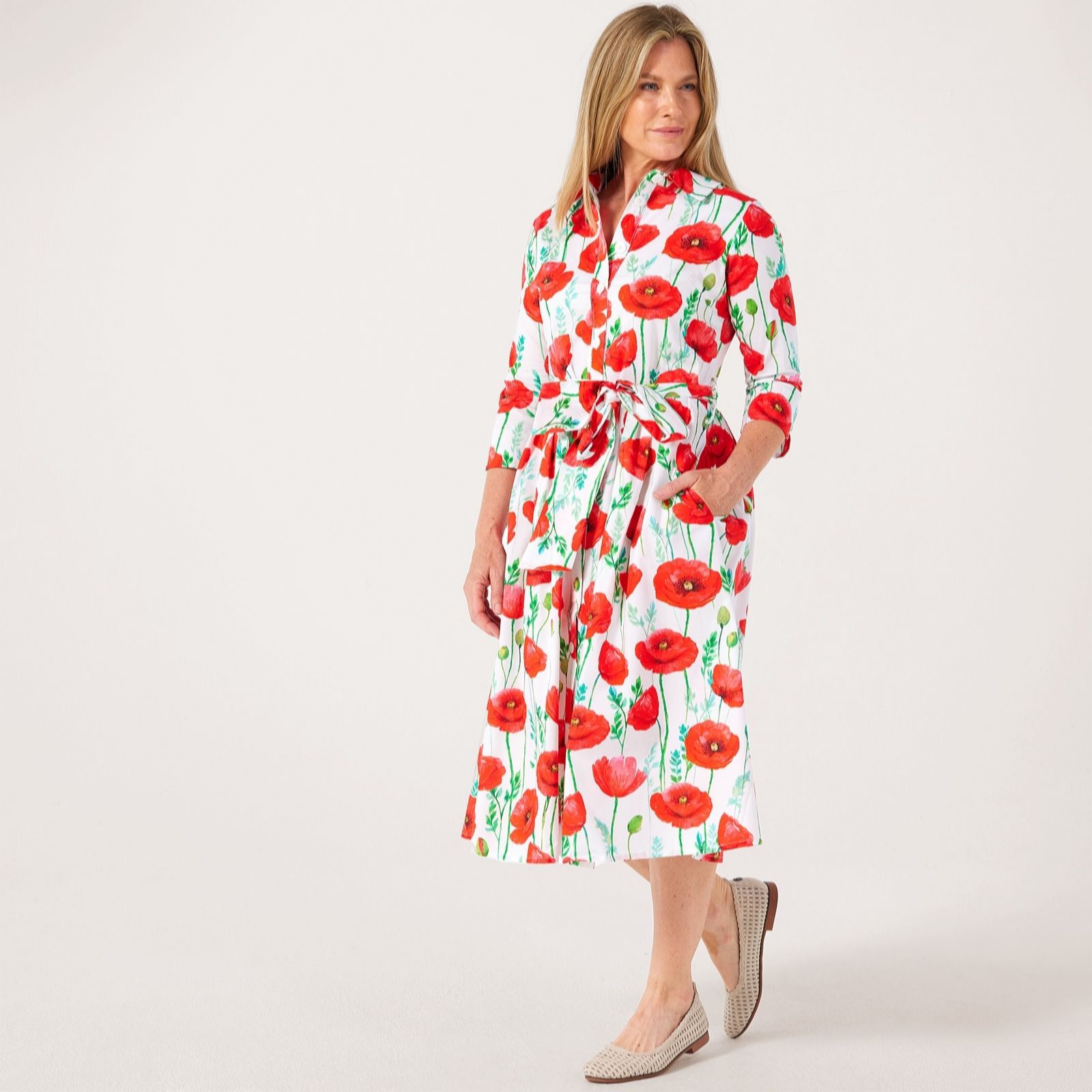 Helene Berman Cotton Poplin Red Poppy Print Shirt Dress