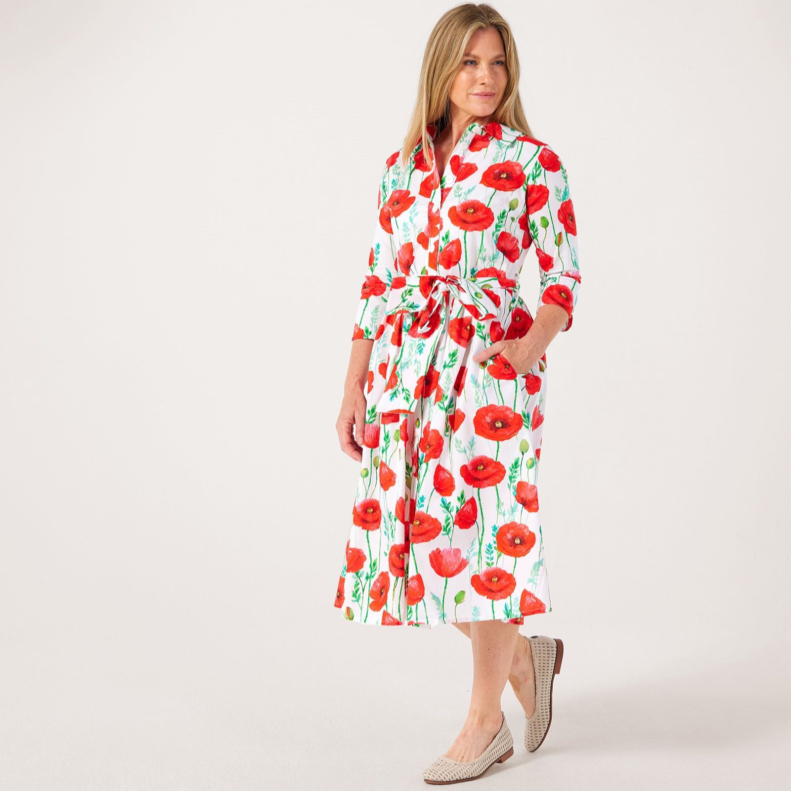 Helene Berman Cotton Poplin Red Poppy Print Shirt Dress