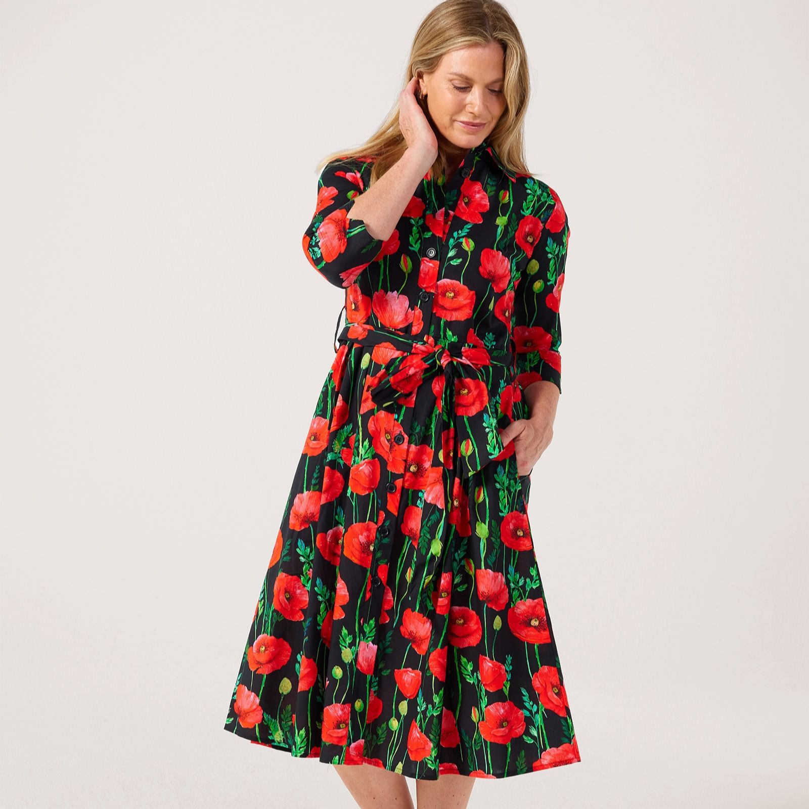 Helene Berman Cotton Poplin Red Poppy Print Shirt Dress