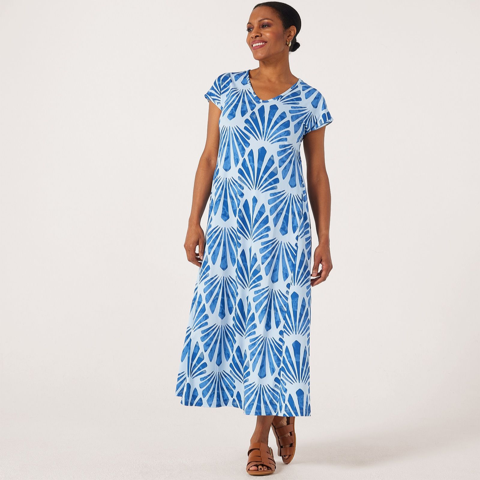 Kim & Co Printed Brazil Knit Jersey Dolman Short Sleeve Maxi Dress
