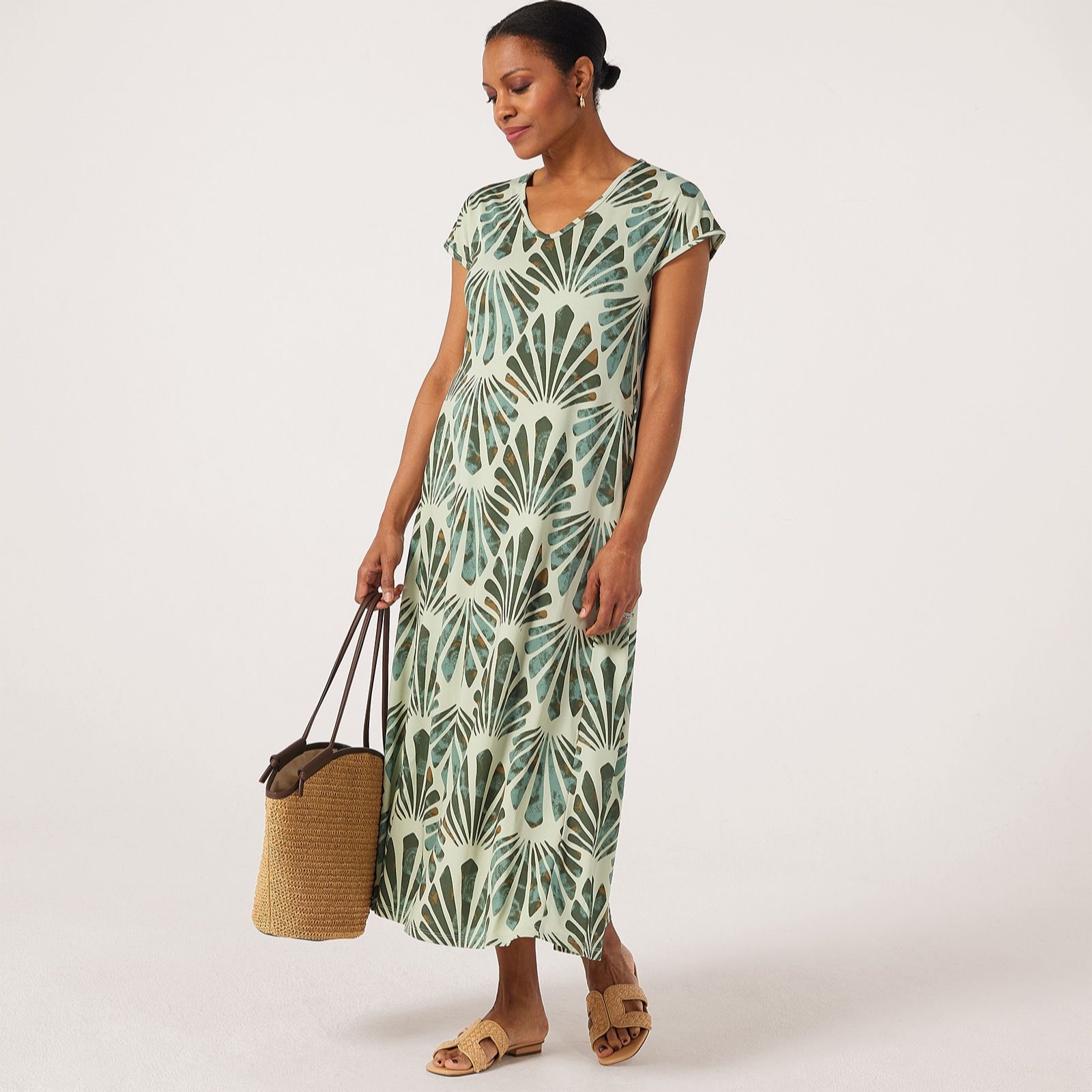 Kim & Co Printed Brazil Knit Jersey Dolman Short Sleeve Maxi Dress