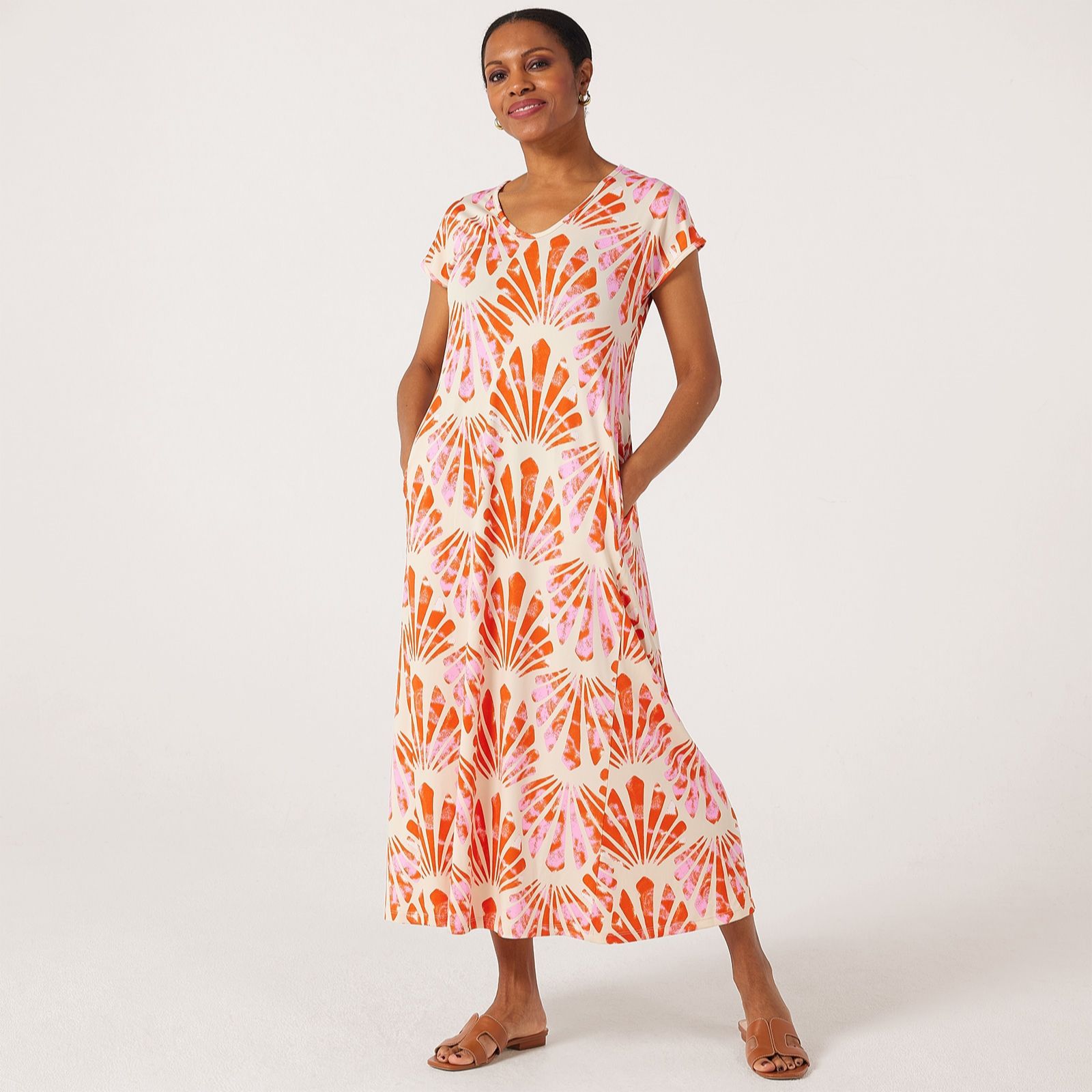 Kim & Co Printed Brazil Knit Jersey Dolman Short Sleeve Maxi Dress