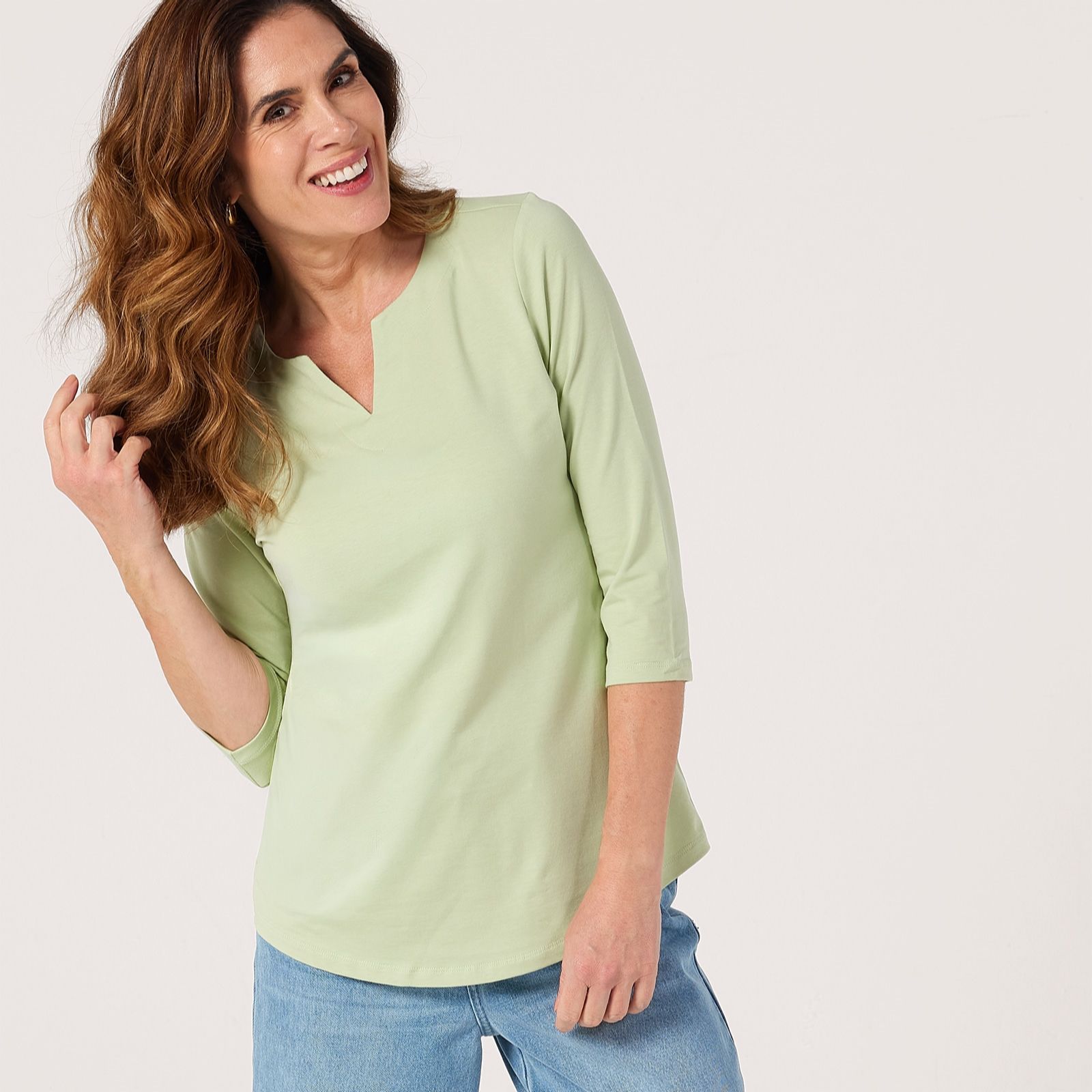 Denim & Co Split Neck 3/4 Sleeve Top