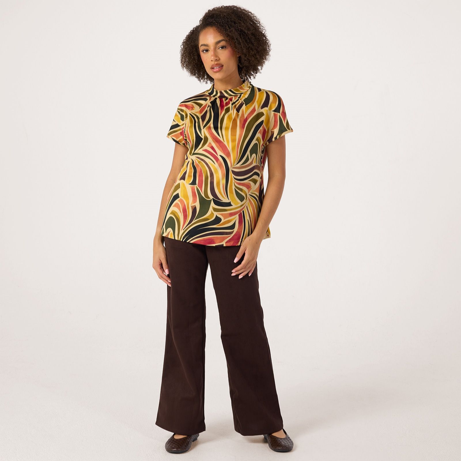 Kim & Co Printed Brazil Jersey Short Dolman Sleeve High Neck Top