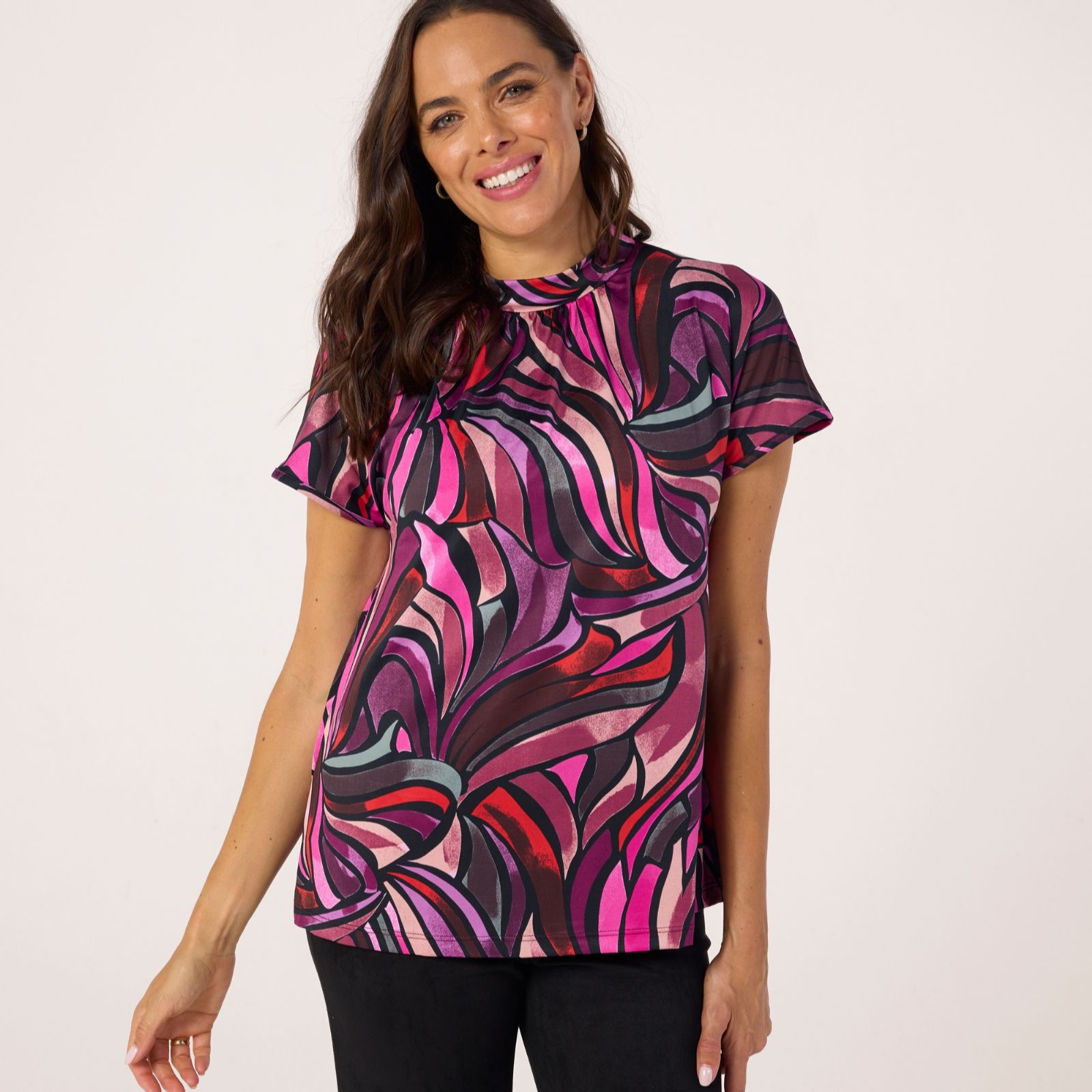 Kim & Co Printed Brazil Jersey Short Dolman Sleeve High Neck Top