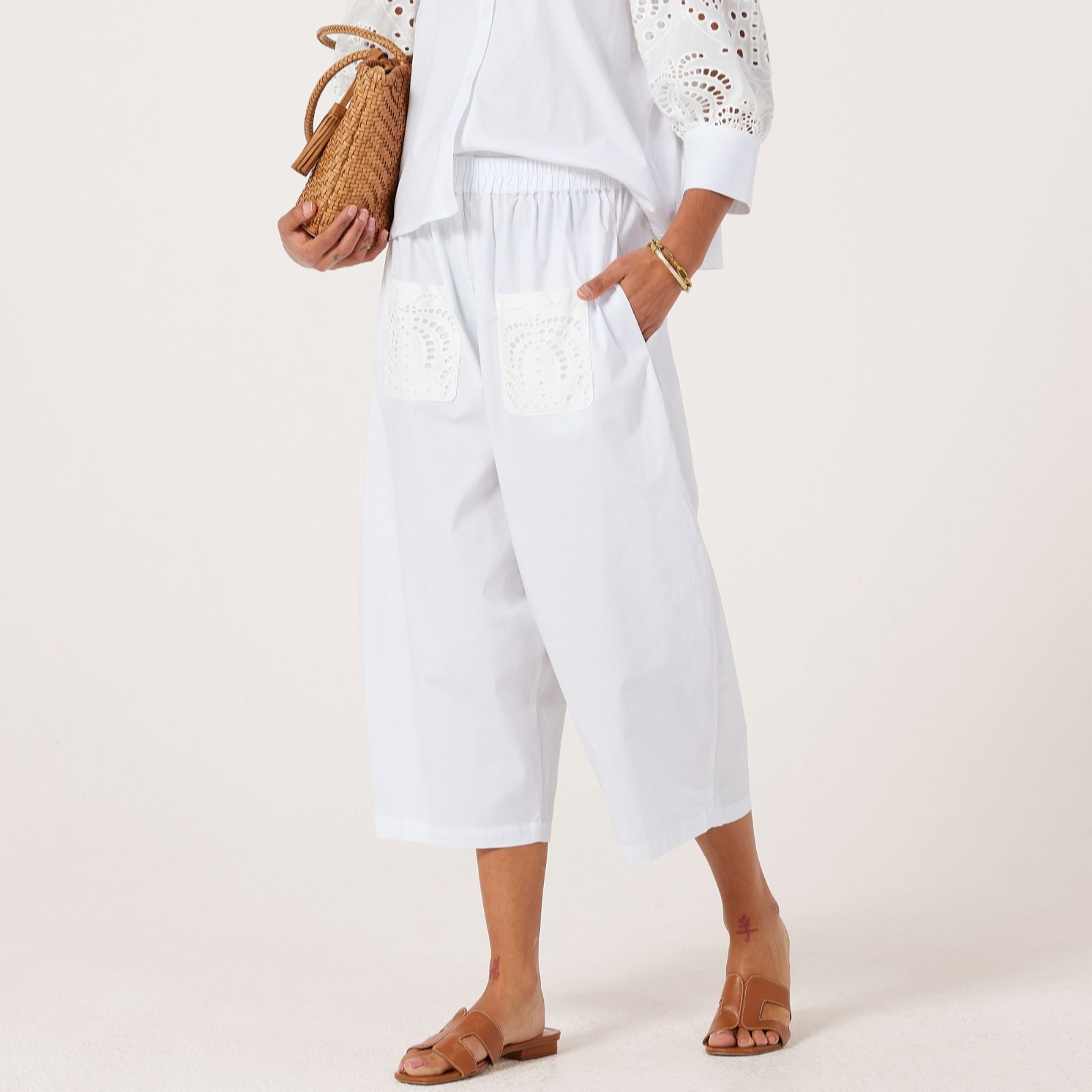 Helene Berman Cotton Stretch Palm Tree Broderie Barrel Style Cropped Trouser