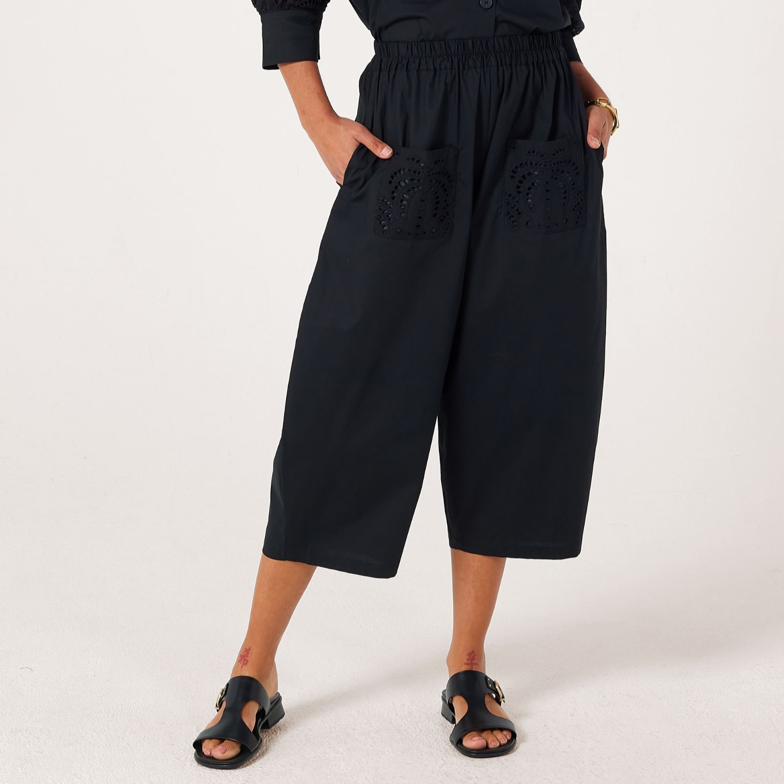Helene Berman Cotton Stretch Palm Tree Broderie Barrel Style Cropped Trouser