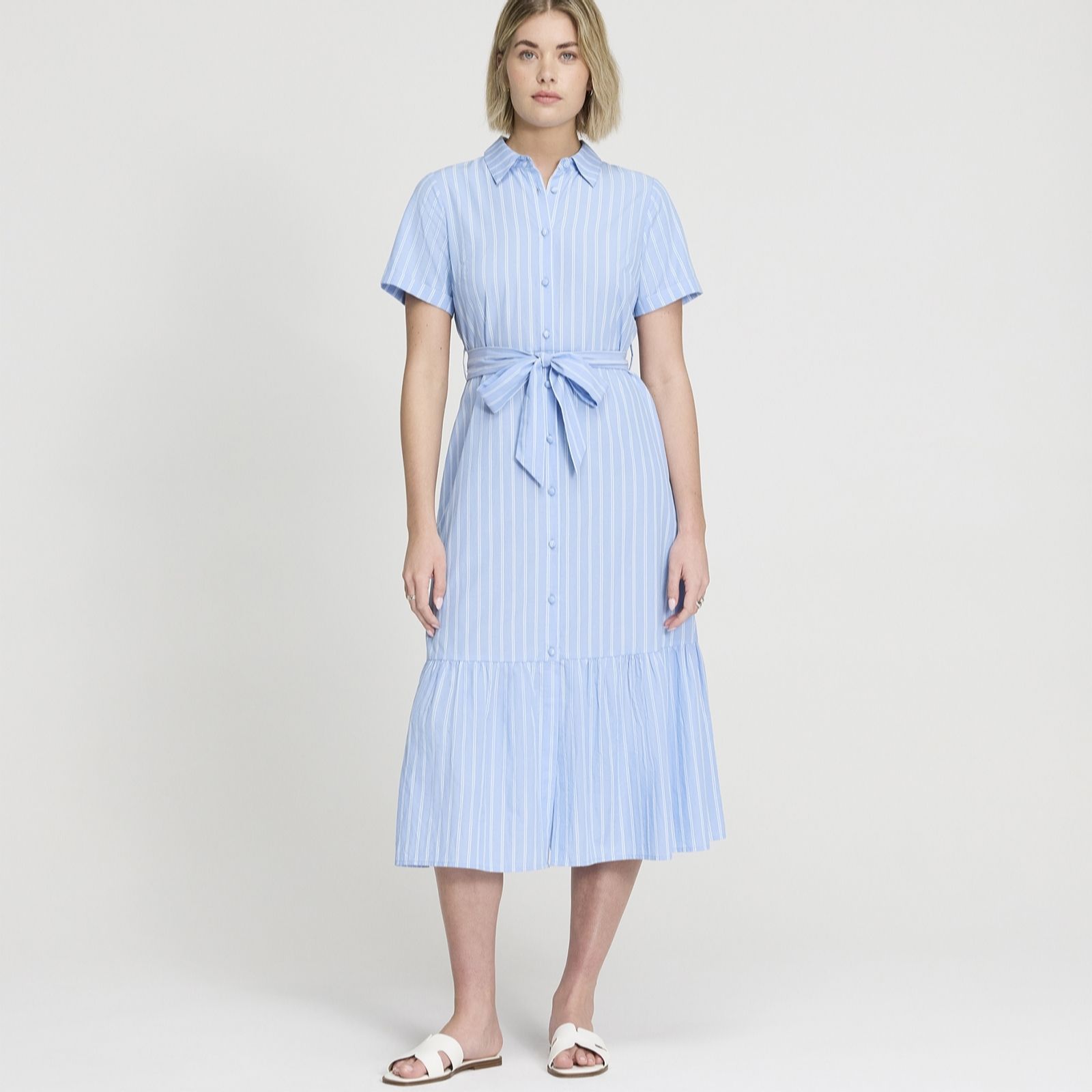 Finery London Aisling Blue Stripe 100% Cotton Poplin Shirt Dress Petite