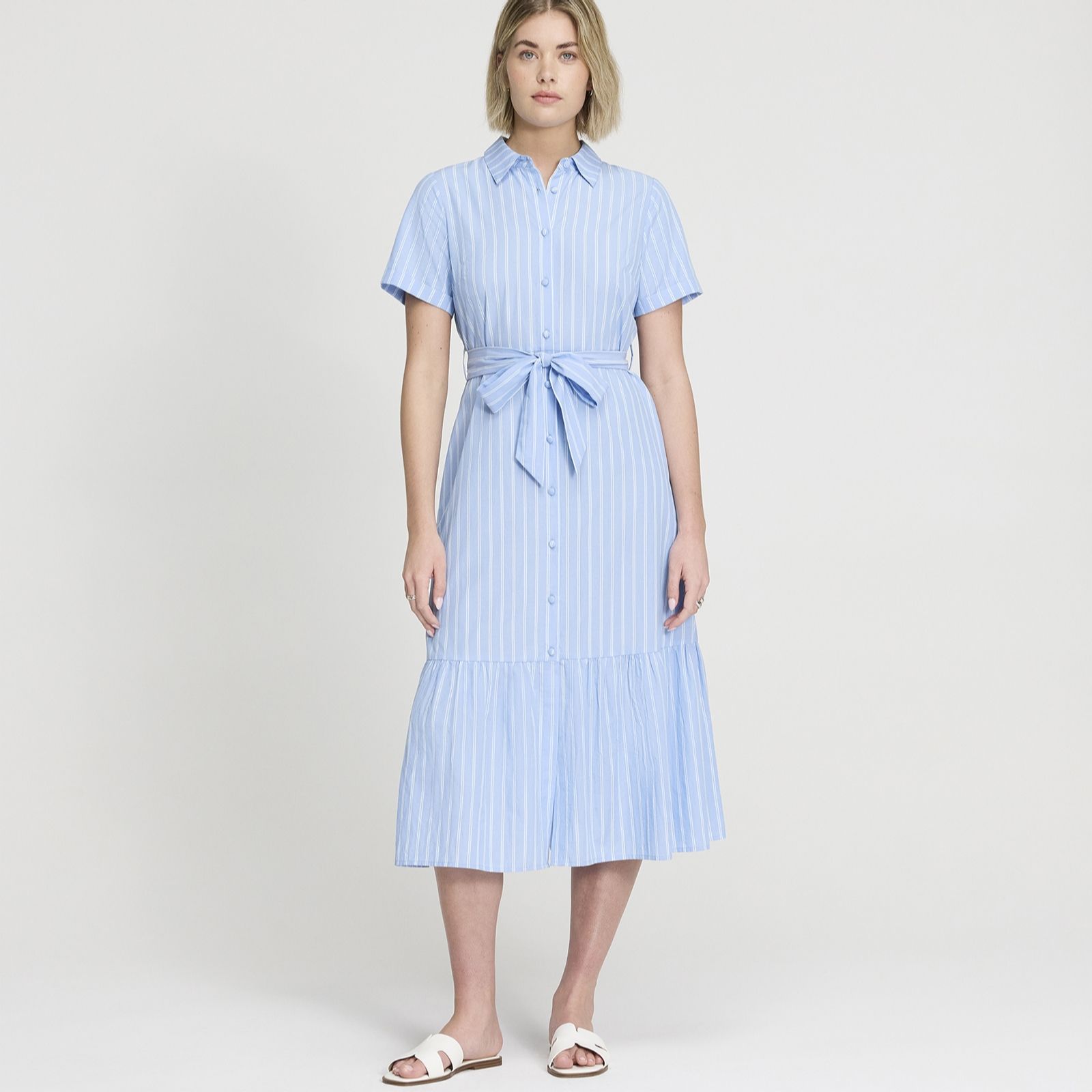 Finery London Aisling Blue Stripe 100% Cotton Poplin Shirt Dress Petite