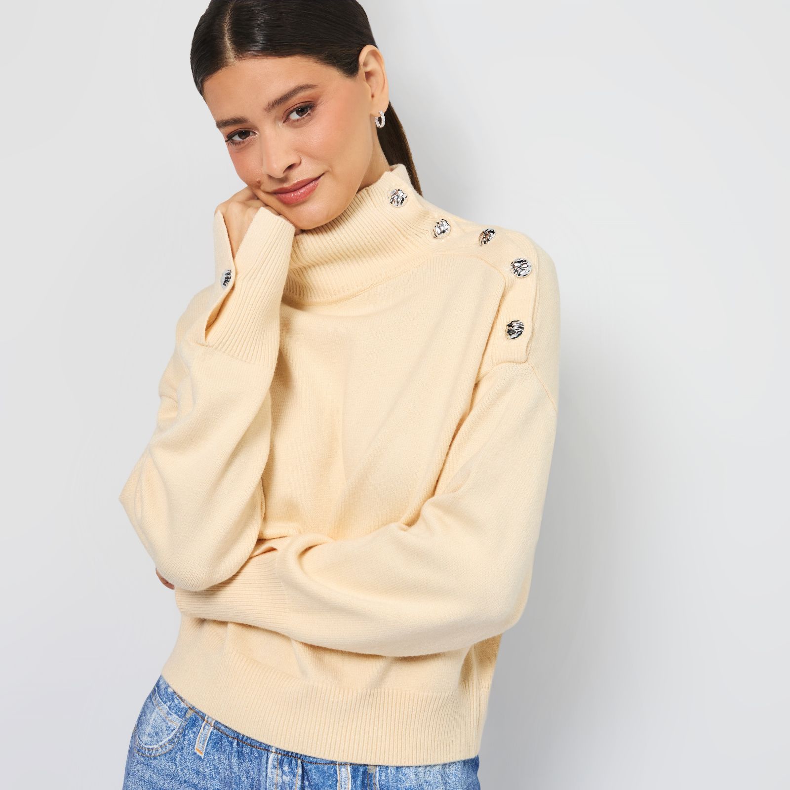 ELLE Get The Look T-Neck Silver Buttons Jumper