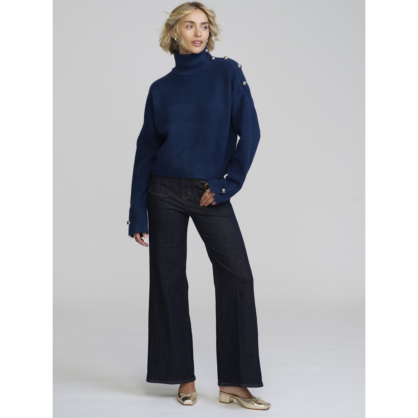 ELLE Get The Look T-Neck Silver Buttons Jumper