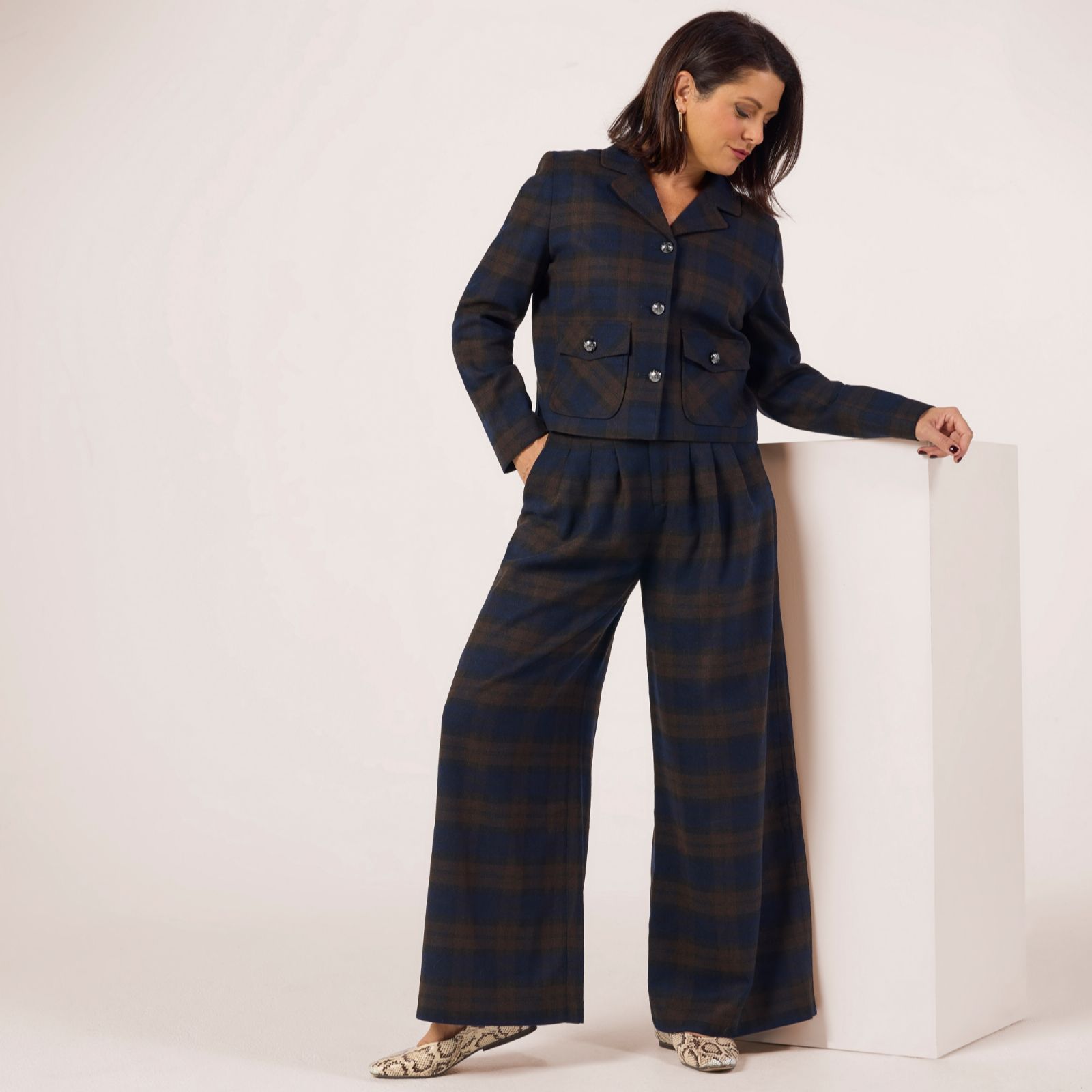 Helene Berman x Katy Wool Blend Checked Pleated Wide Leg Trousers