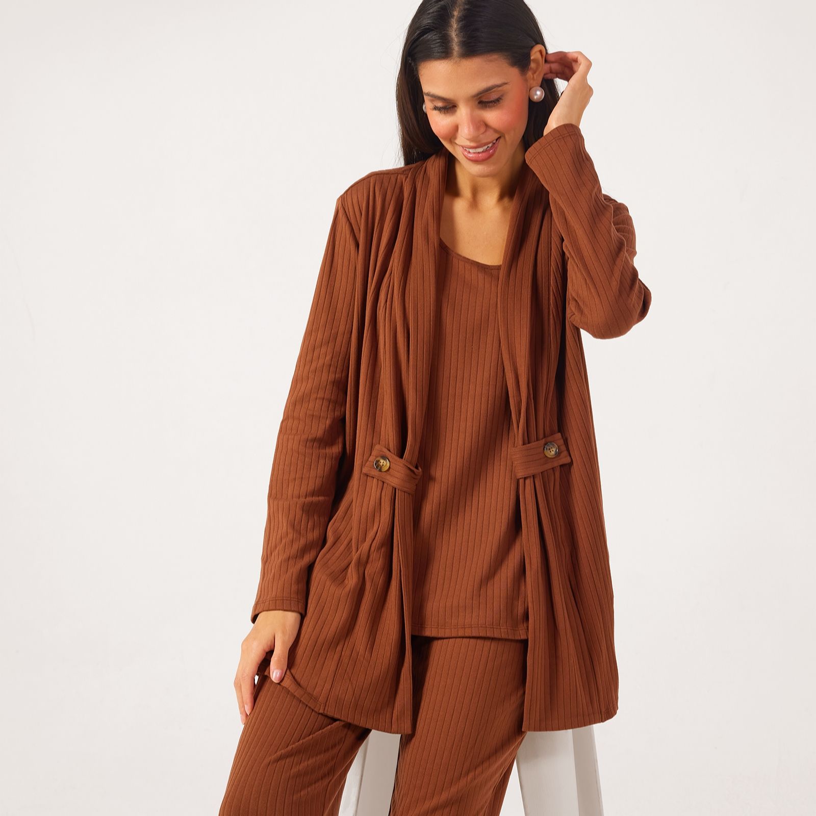 Nina Leonard 3 Piece Rib Knit Set Long Cardigan & Trousers
