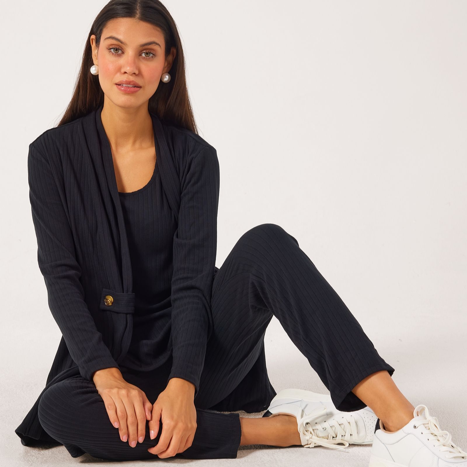 Nina Leonard 3 Piece Rib Knit Set Long Cardigan & Trousers