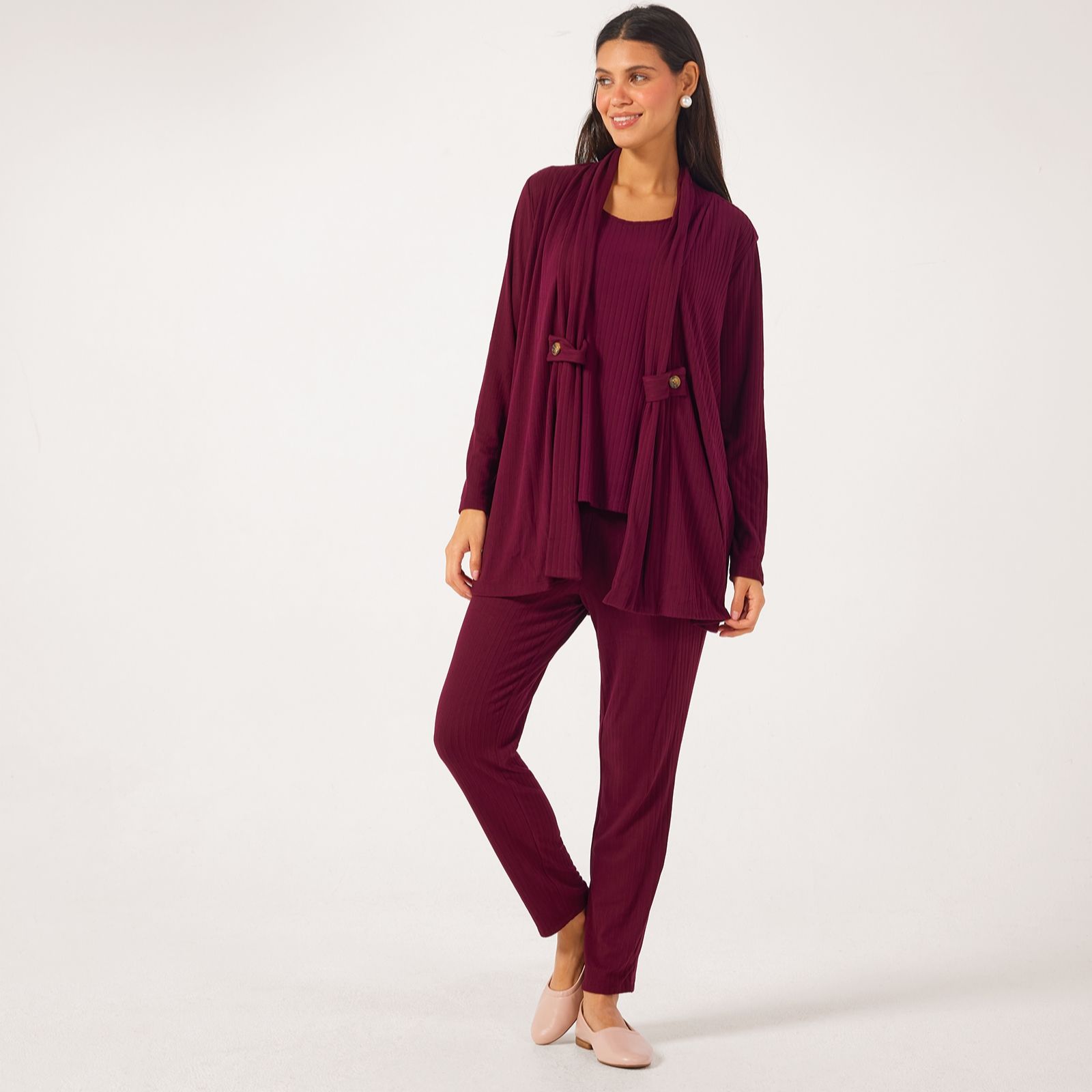 Nina Leonard 3 Piece Rib Knit Set Long Cardigan & Trousers