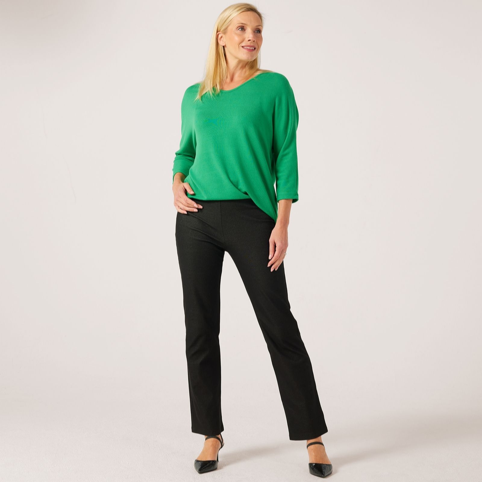Kim & Co Deluxe Denim Knit Soft Flare Petite Trousers