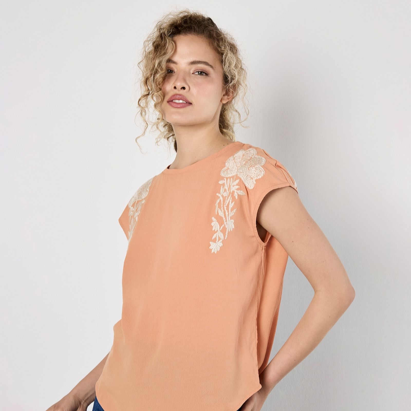 Apricot Embroidered Shoulder Detail Top