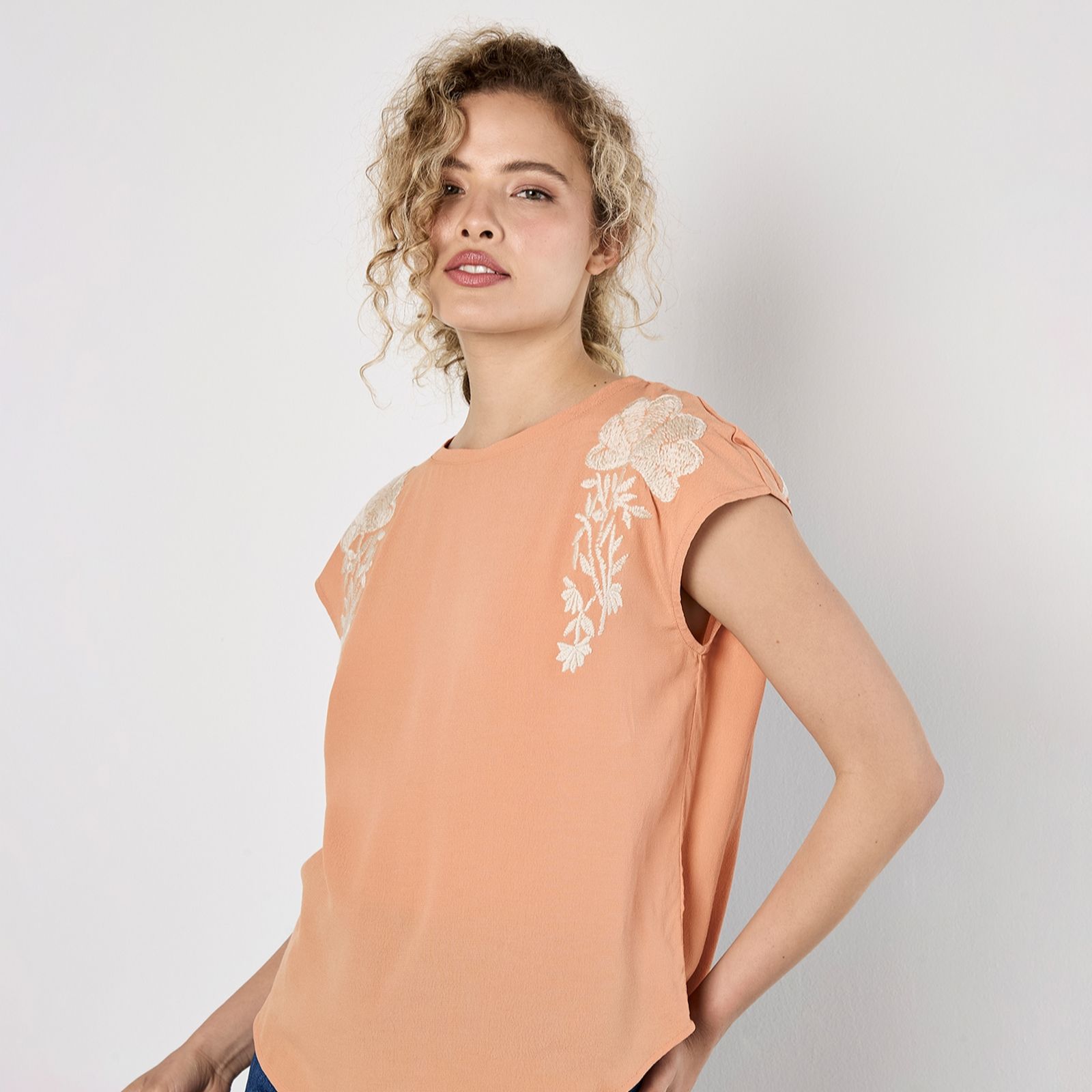 Apricot Embroidered Shoulder Detail Top