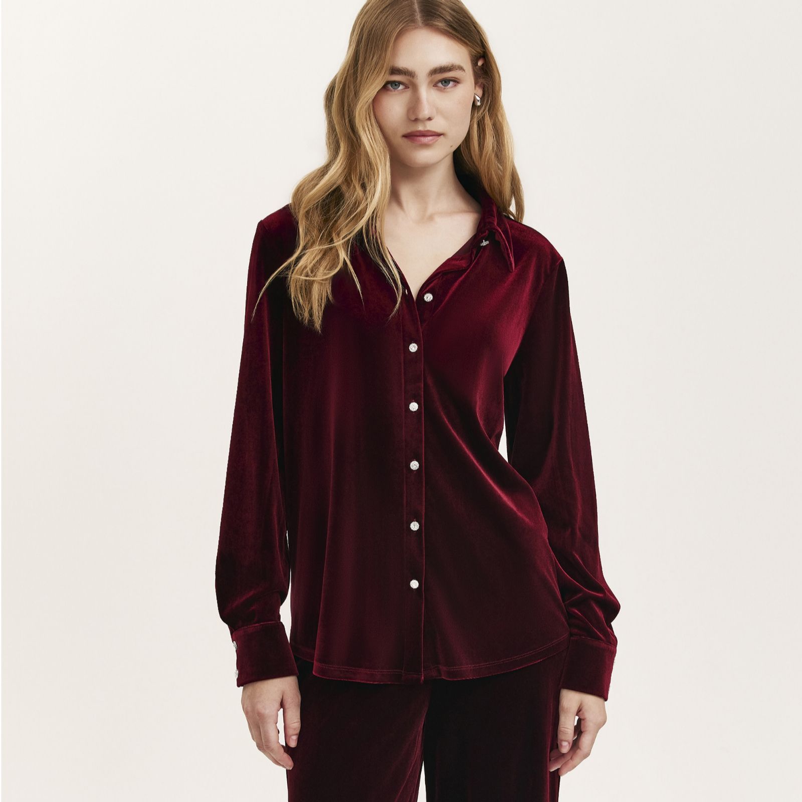 Finery London Sayge Stretch Velvet Button Up Shirt