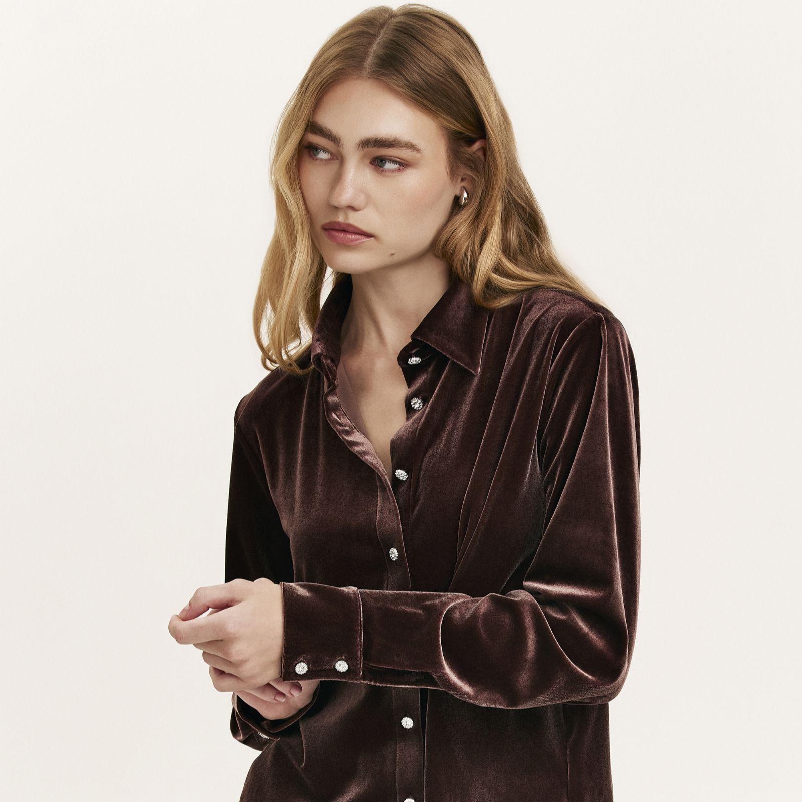 Finery London Sayge Stretch Velvet Button Up Shirt