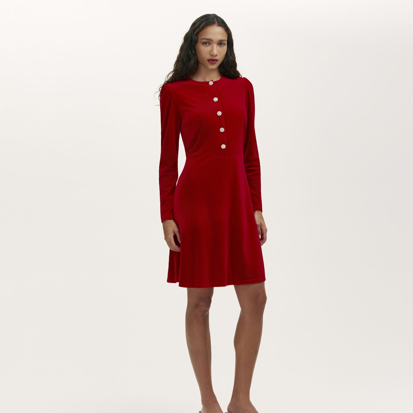 Finery London Rae Stretch Velvet Button Fronted Dress
