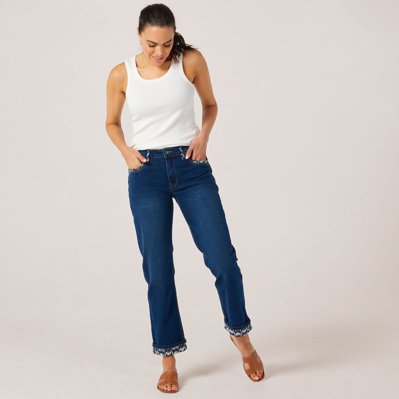 Izabel London Slim Fit Jeans with Pocket & Turn up Detail