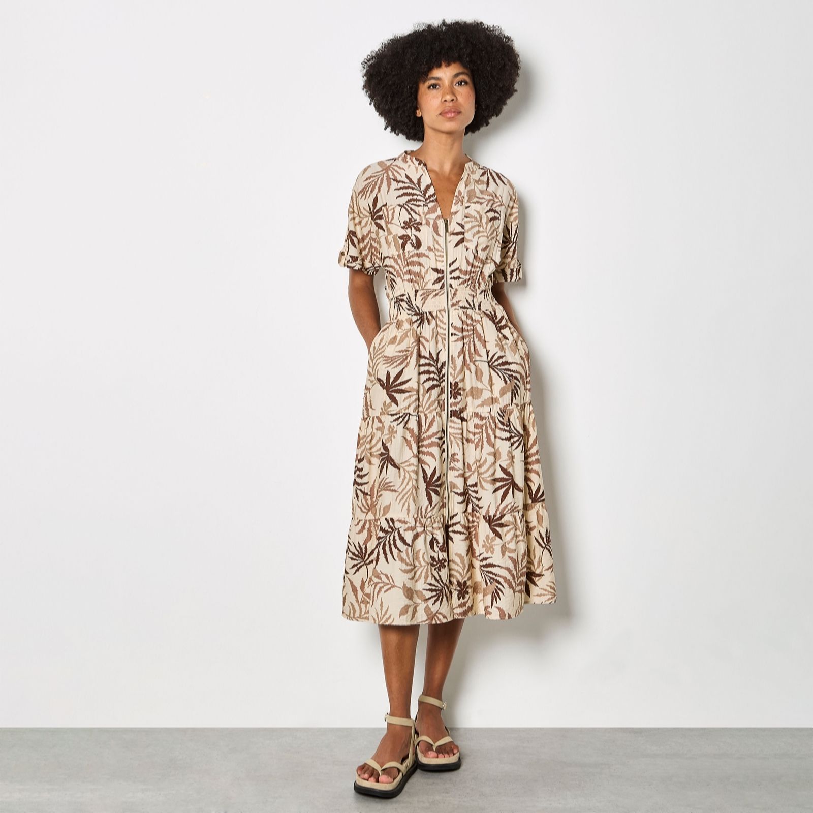 Apricot Palm Print Zip Front Tiered Dress