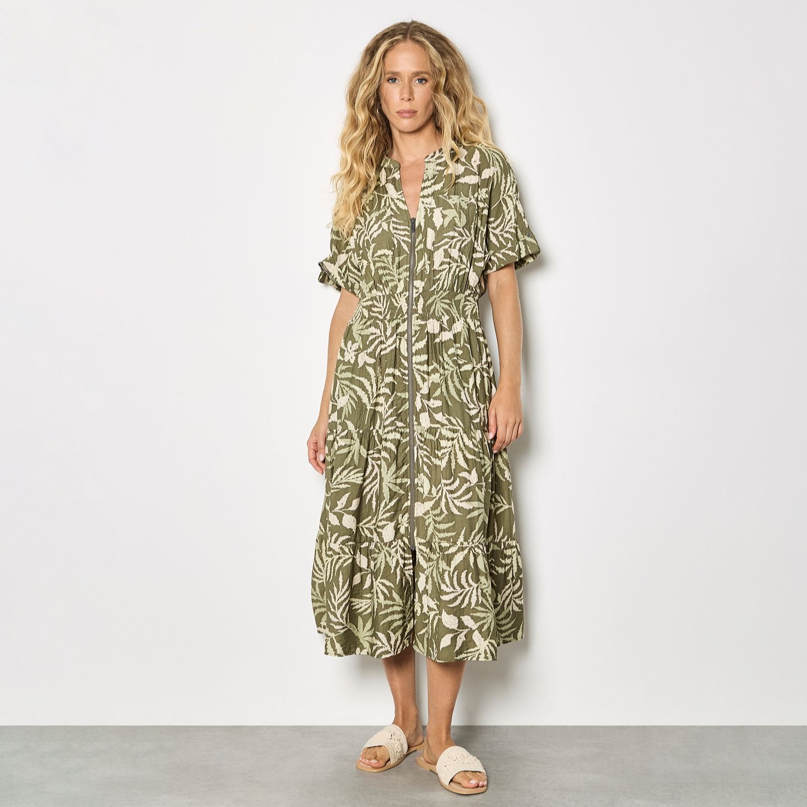 Apricot Palm Print Zip Front Tiered Dress
