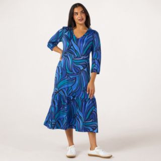 Kim & Co Printed Brazil Jersey 3/4 Blouson Sleeve Frilled Midi Dress