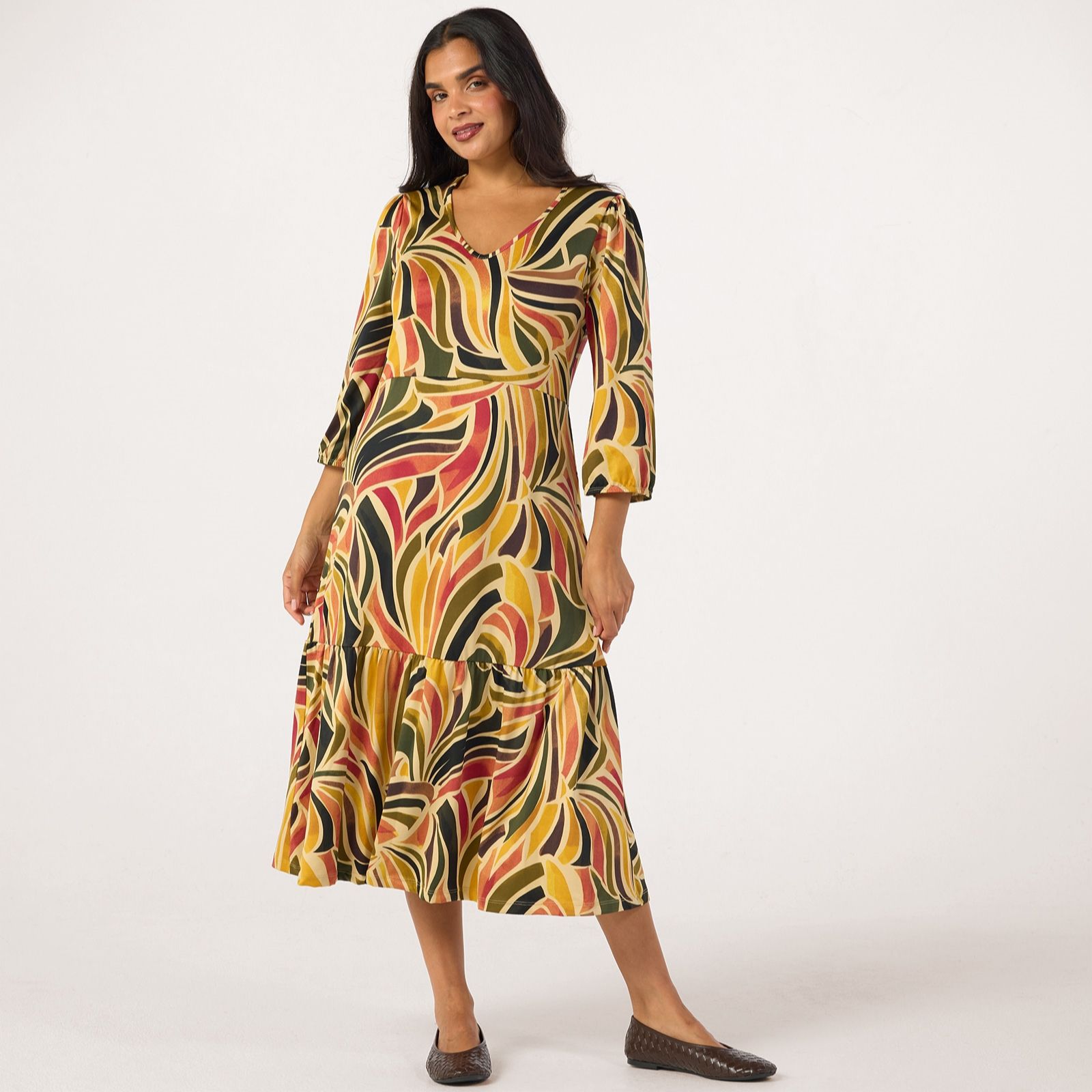 Kim & Co Printed Brazil Jersey 3/4 Blouson Sleeve Frilled Midi Dress