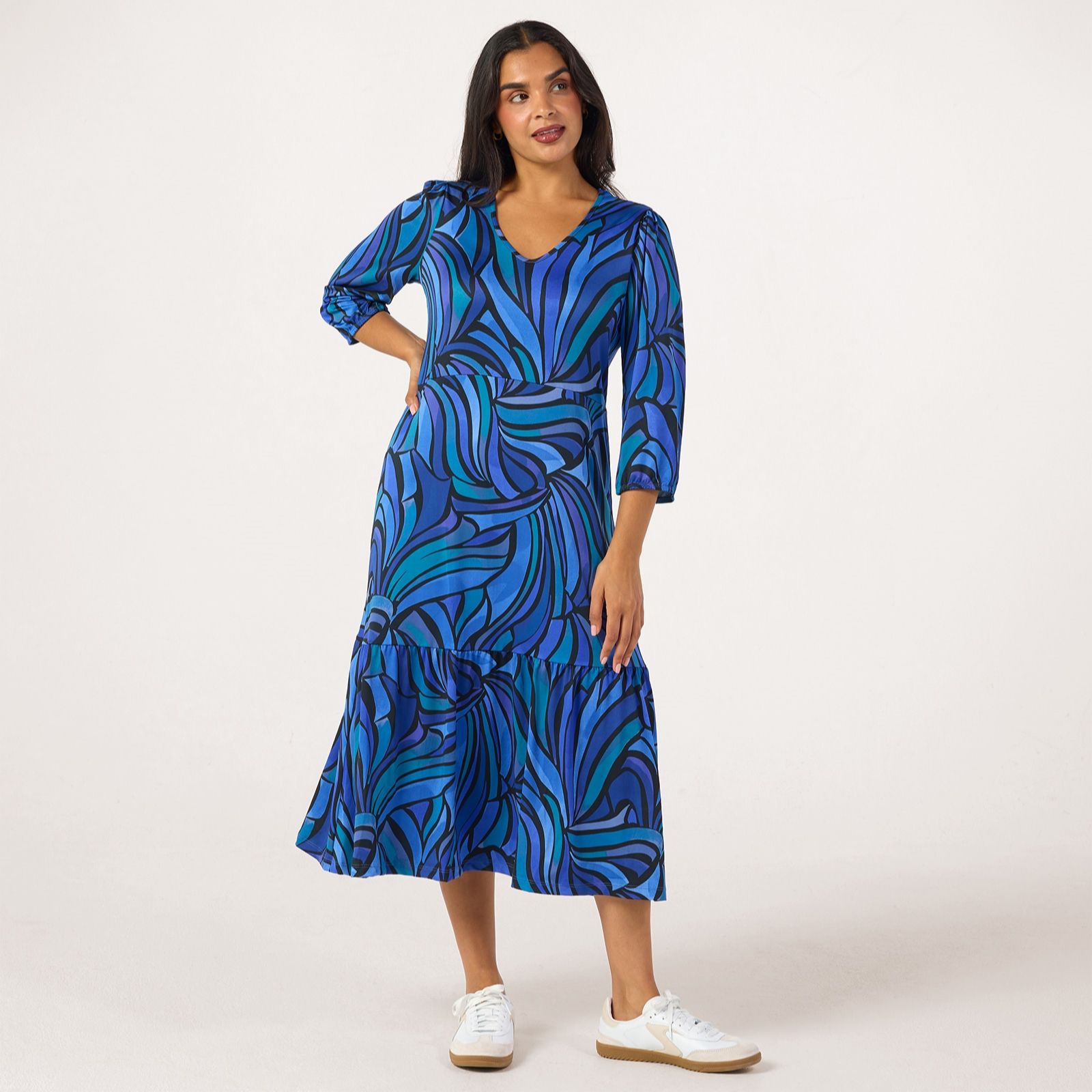 Kim & Co Printed Brazil Jersey 3/4 Blouson Sleeve Frilled Midi Dress