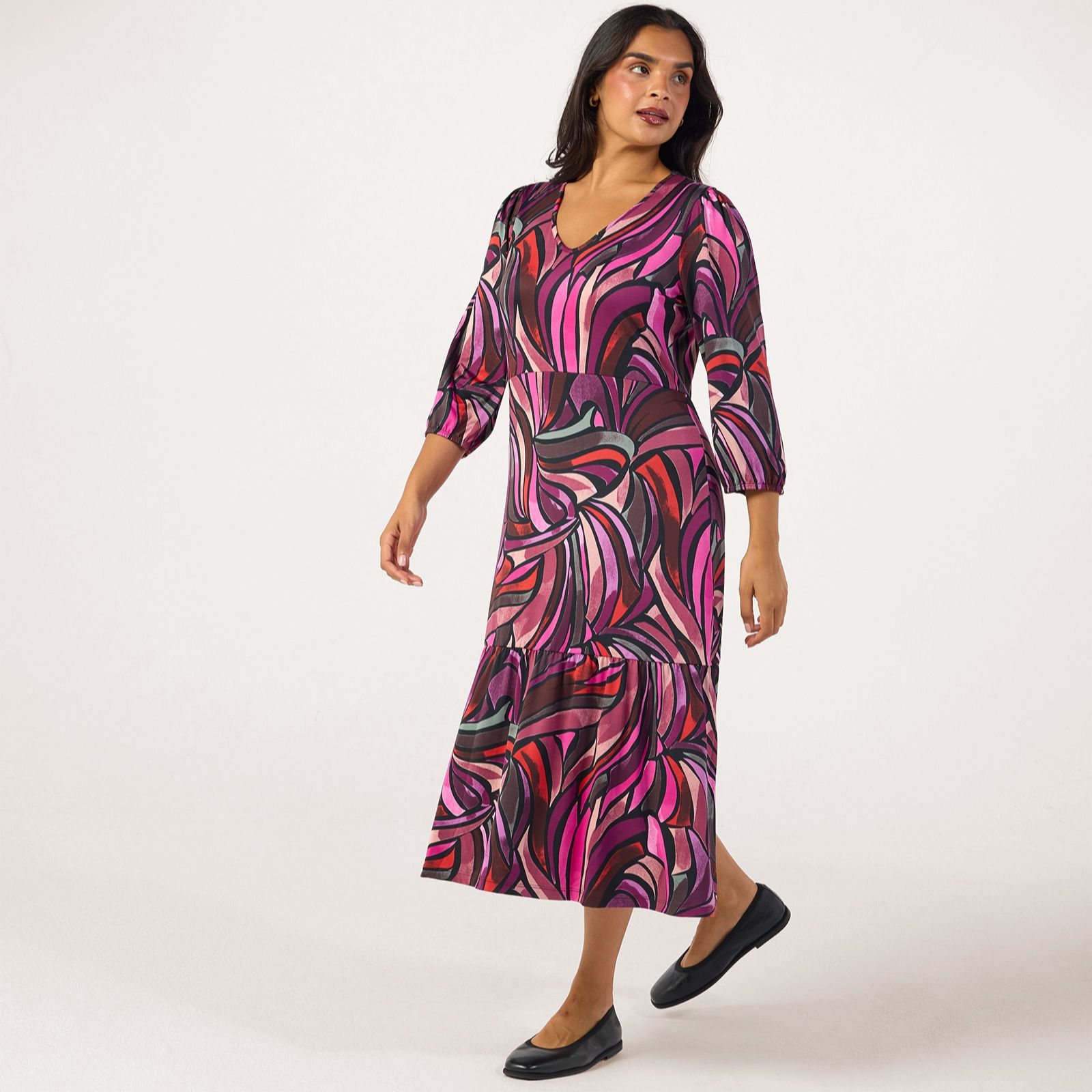 Kim & Co Printed Brazil Jersey 3/4 Blouson Sleeve Frilled Midi Dress