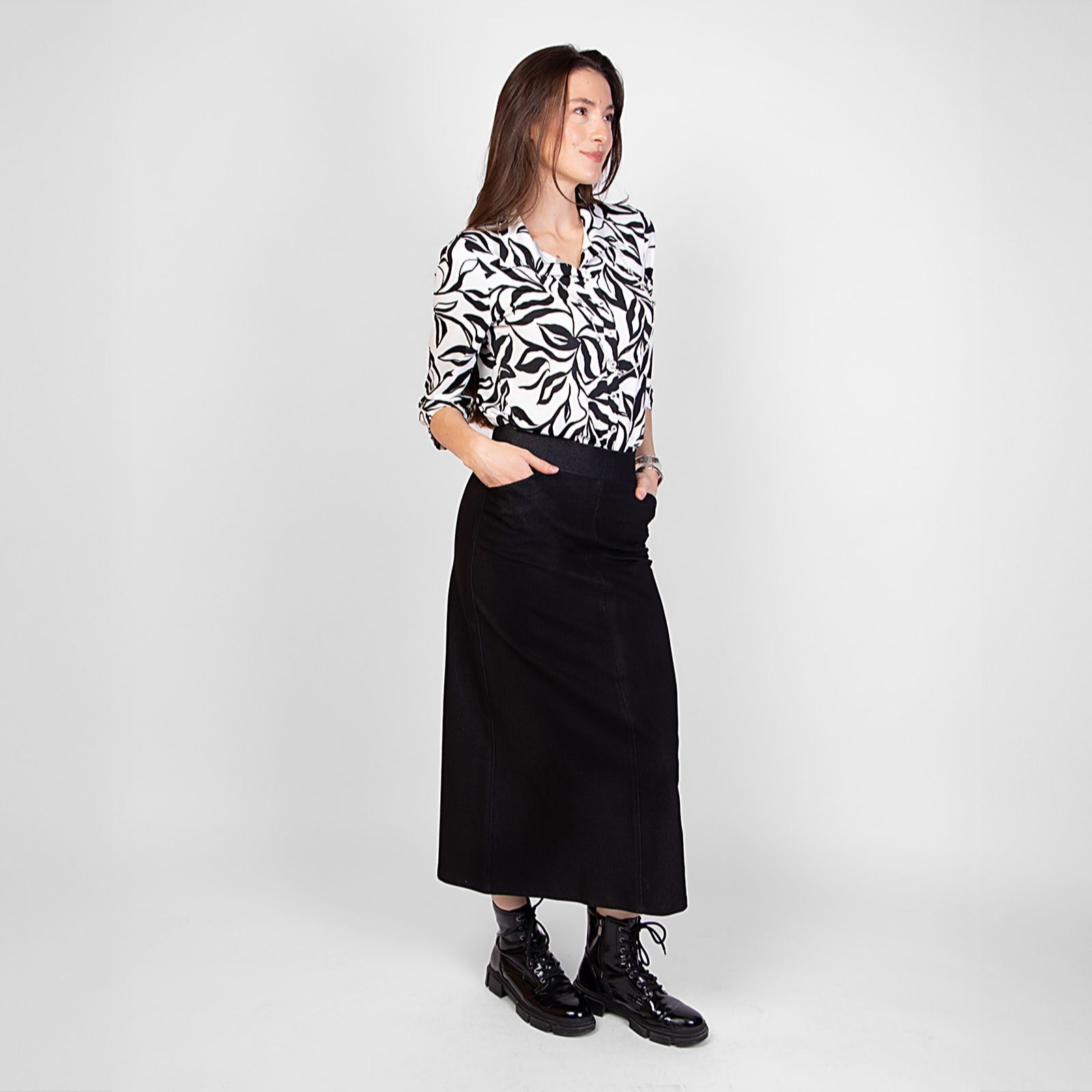 Kim & Co Deluxe Denim Knit Long A-Line Skirt