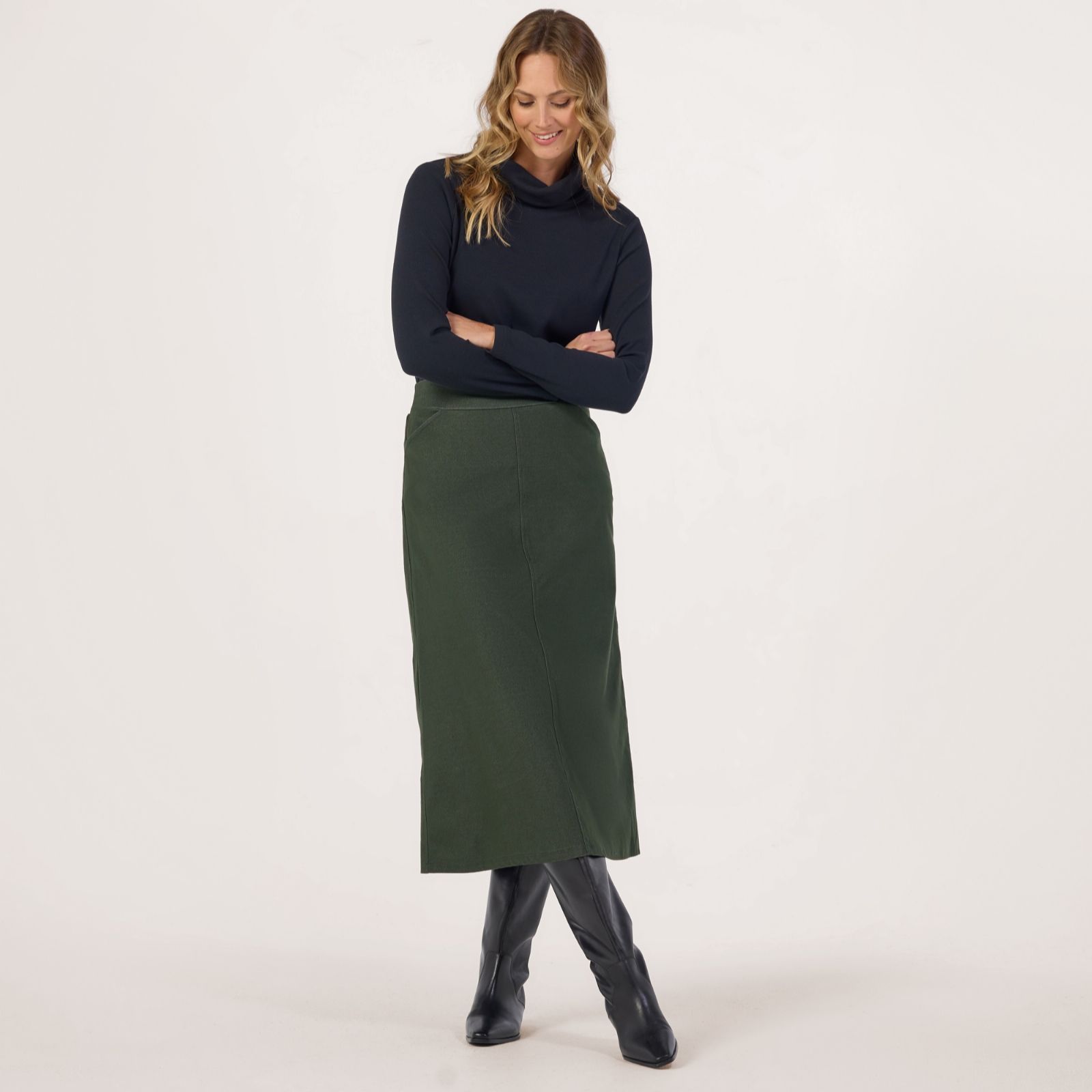 Kim & Co Deluxe Denim Knit Long A-Line Skirt