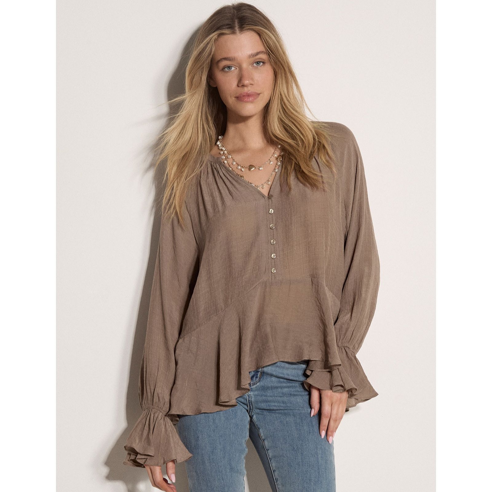 Apricot Ruffle Hem Peplum Blouse