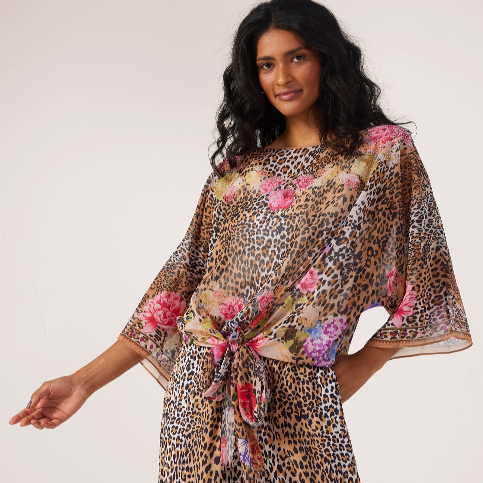 Frank Usher Printed Chiffon Tie Front Top With Stud Detail