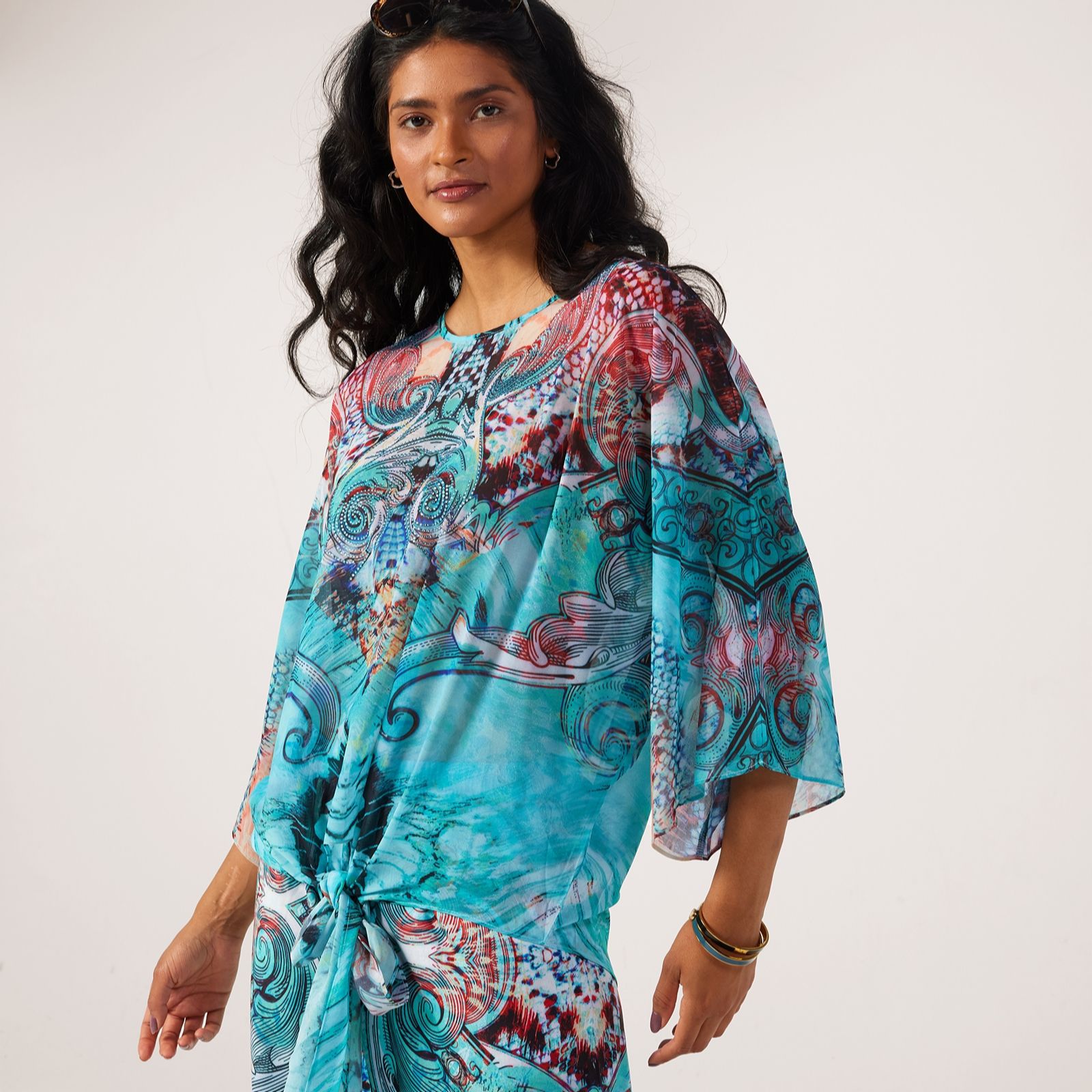 Frank Usher Printed Chiffon Tie Front Top With Stud Detail