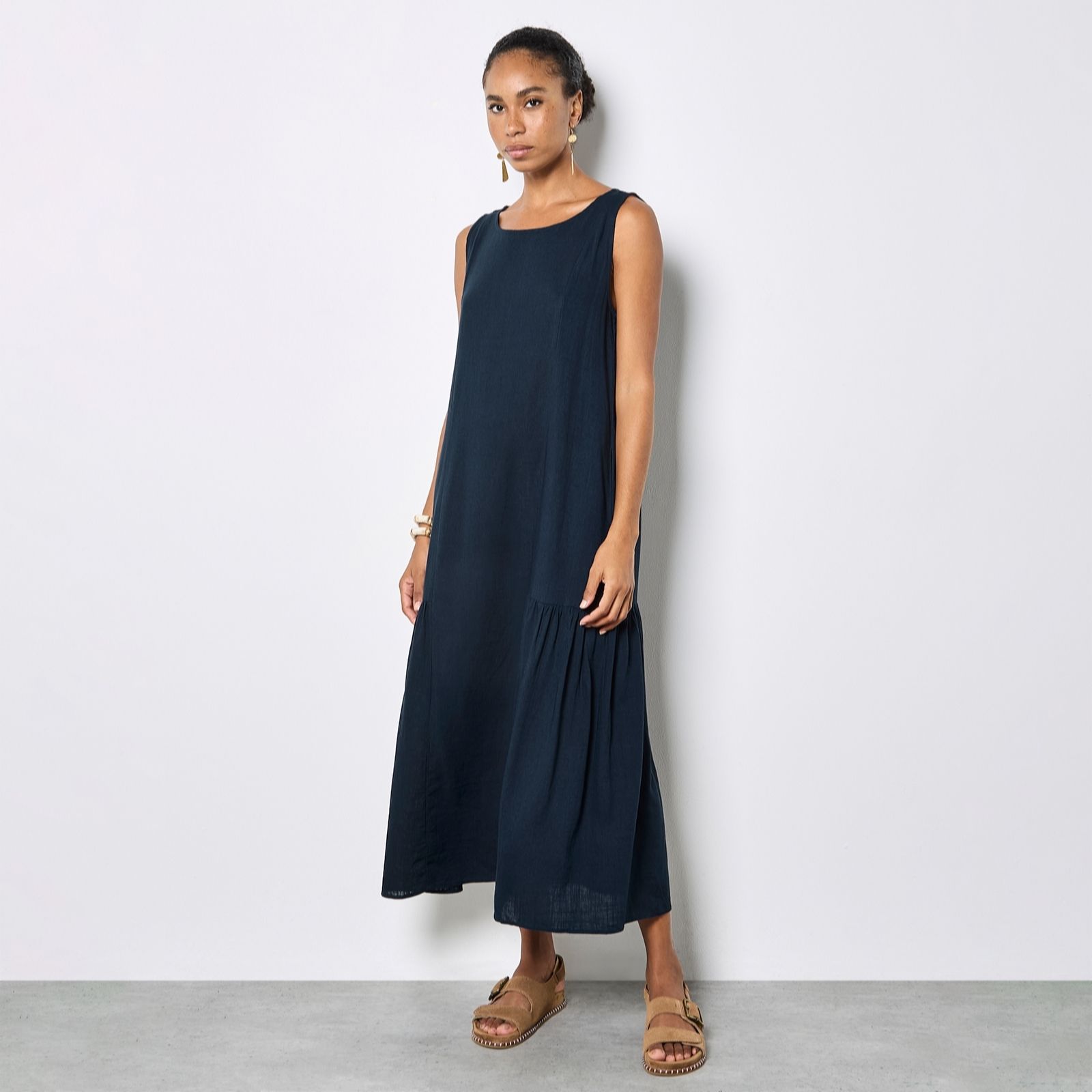Apricot Linen Mix Side Panel Trapeze Dress