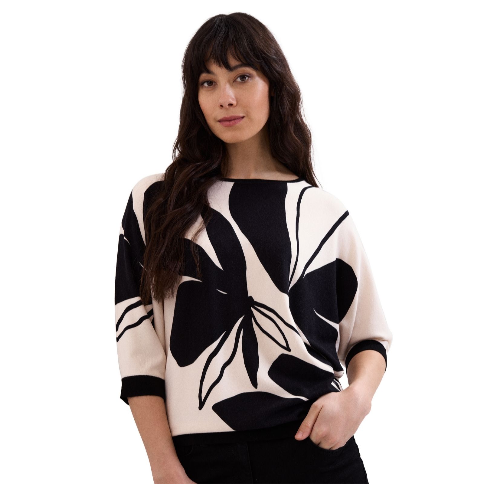 Phase Eight Minah Floral Print Black Ivory Viscose Knit Jumper