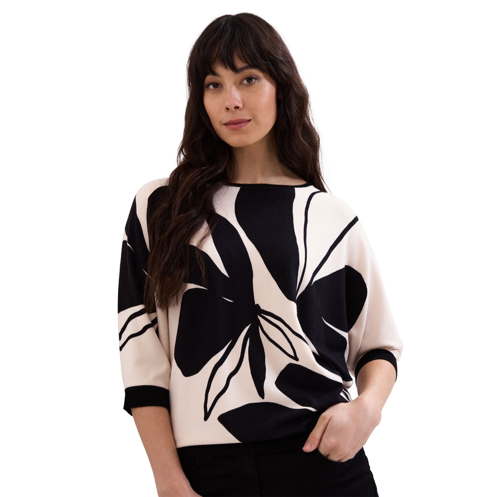 Phase Eight Minah Floral Print Black Ivory Viscose Knit Jumper