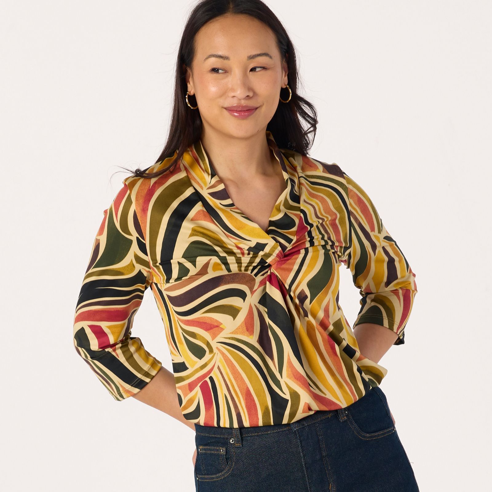 Kim & Co Printed Brazil Jersey 3/4 Sleeve Twist Front Tunic