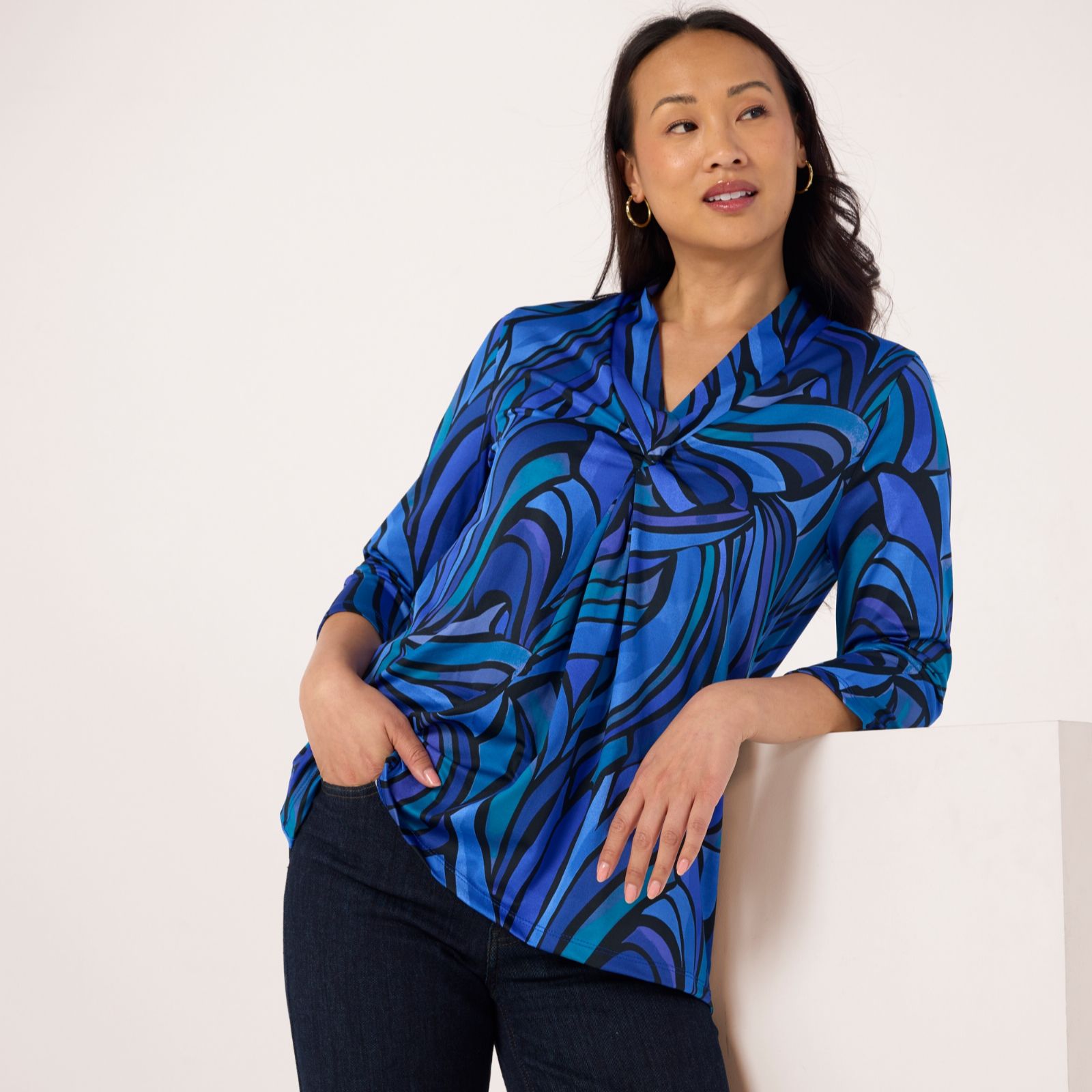 Kim & Co Printed Brazil Jersey 3/4 Sleeve Twist Front Tunic